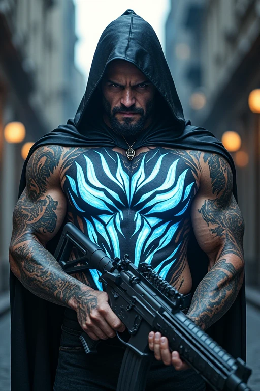 A large human, a satanic star cut into his chest, a crescent moon burned around his eyes, a flower carved into his hand, green glowing eyes, silvery skin, scars on his head, burned, full body,