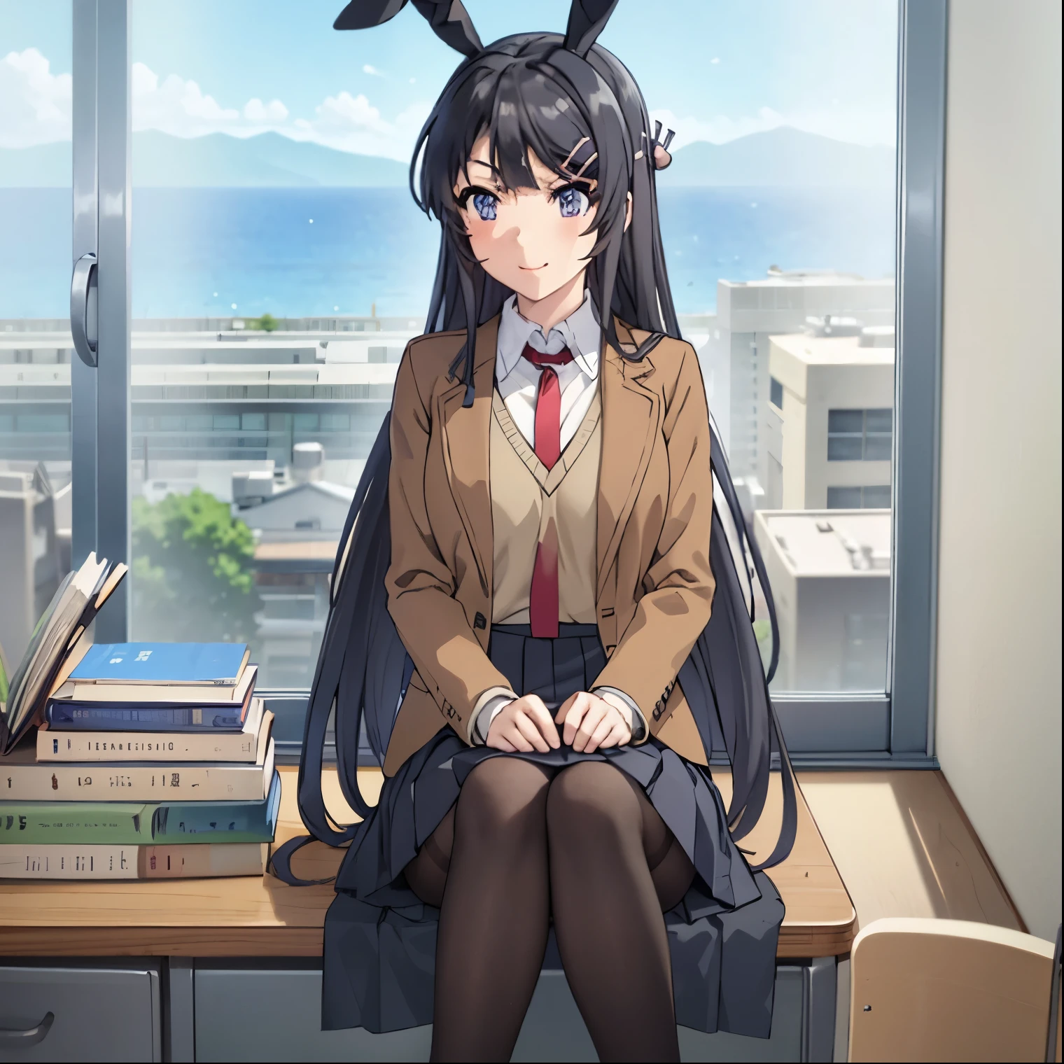 Mai Sakurajima, 1 girl, alone, long hair, looking at viewer, bangs, skirt, shirt, black hair, blue eyes, sitting, sitting at desk, school uniform, jacket, white shirt, pantyhose, pleated skirt, headband, tie, shoes, black shoes, bunny ears, lips, blue skirt, black pantyhose, fake animal ears, chair, jacket, brown jacket, cleavage, red tie, loafers, desk, classroom, desk, on the desk, Crossed legs, big breasts, medium waist, medium hips, medium thighs, embarrassed, seductive, smiling, mouth closed