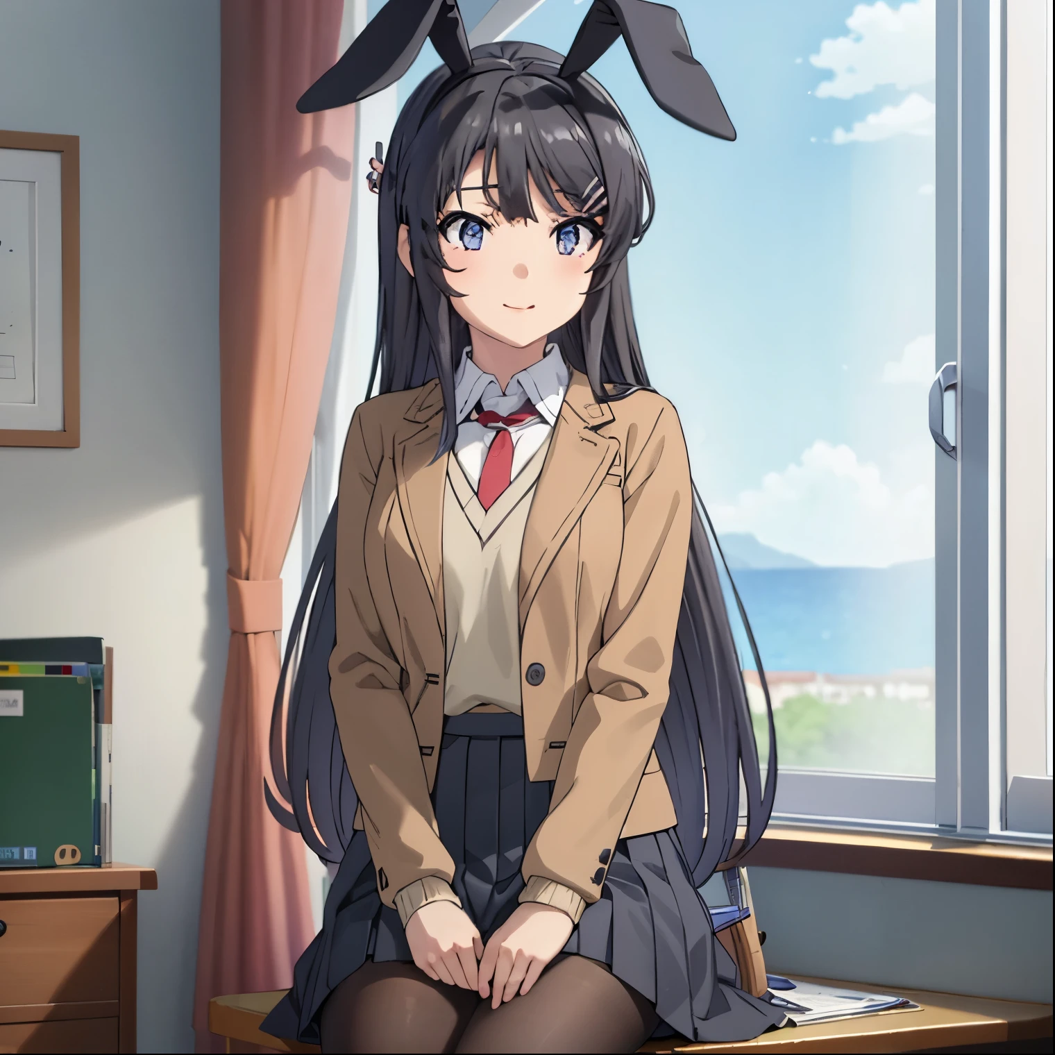 Mai Sakurajima, 1 girl, alone, long hair, looking at viewer, bangs, skirt, shirt, black hair, blue eyes, sitting, sitting at desk, school uniform, jacket, white shirt, pantyhose, pleated skirt, headband, tie, shoes, black shoes, bunny ears, lips, blue skirt, black pantyhose, fake animal ears, chair, jacket, brown jacket, cleavage, red tie, loafers, desk, classroom, desk, on the desk, Crossed legs, big breasts, medium waist, medium hips, medium thighs, embarrassed, seductive, smiling, mouth closed