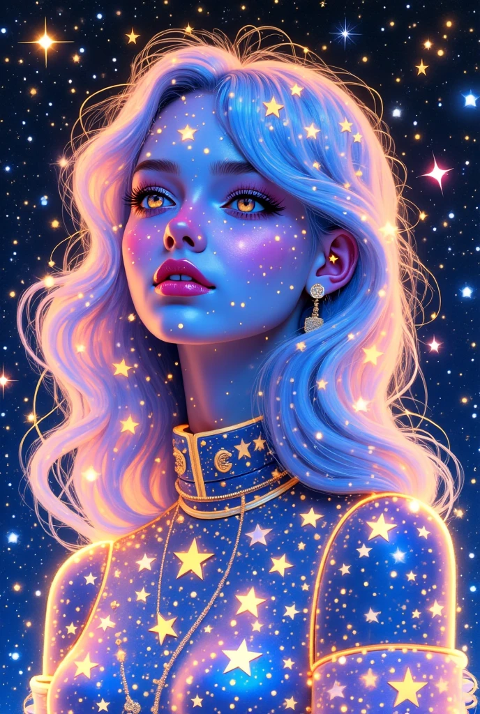 Girl, Stars, Night, Sky, Many Details, Very Intricate Details, Vivid Colors, Details: 1.3, The Picture Is Intricately Detailed, Patterns Full of Vivid Colors, Girl, Like Space, Starry, Details, Phenomenal Details,