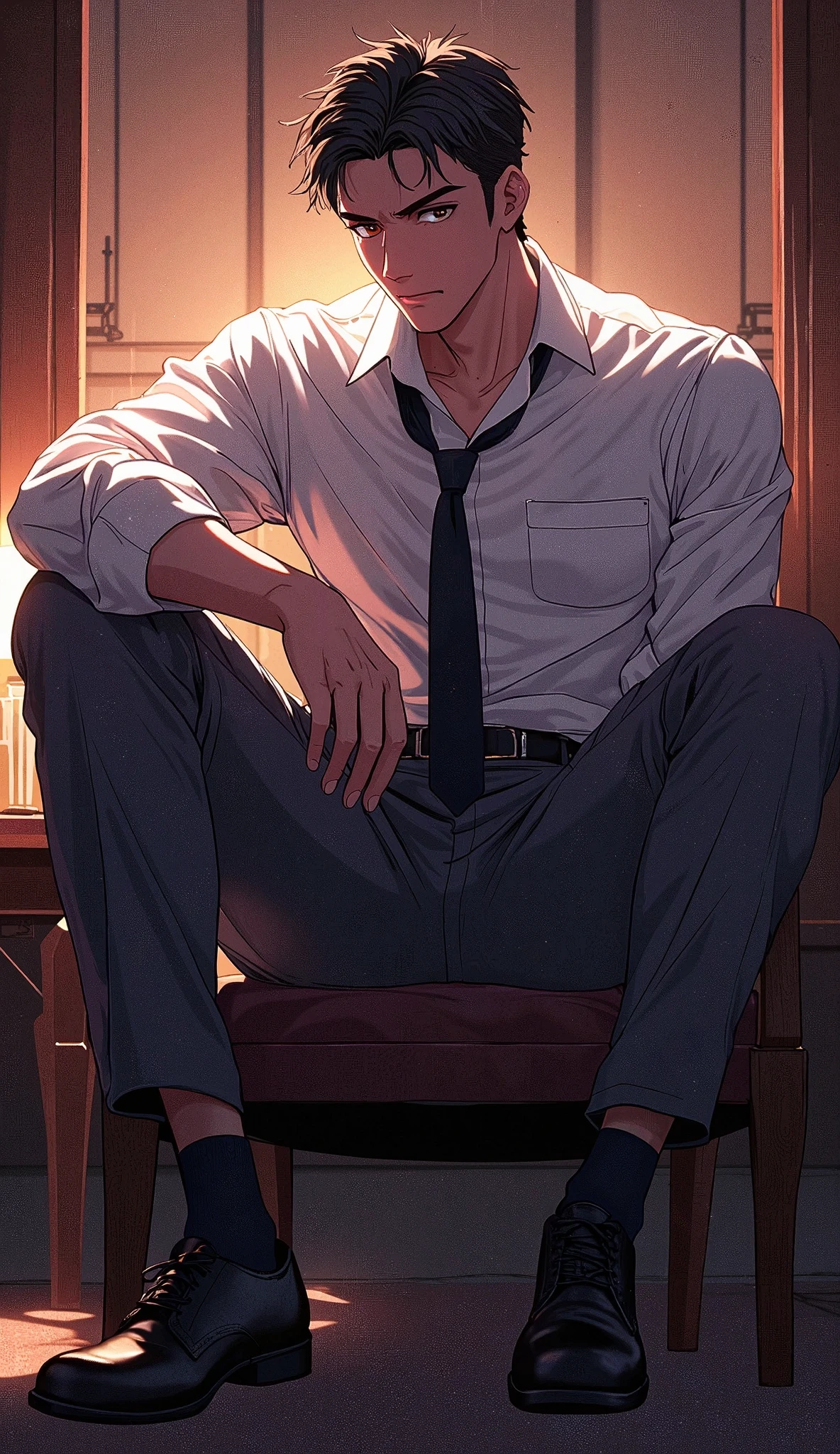 Fraction_9, Fraction_8_Direction_7_Direction_6_up, Anime style, Fraction_9, Fraction_8_Direction_8, Sexy 30-year-old young man, 1 Man, White shirt, tie，belt，trousers，Tall and strong body,  Black socks, leather shoes, ,Handsome, Show a teasing smile,, 显示sweat珠, sweat, Shiny, Greasy , Volumetric Light, Mood Lighting, Glowing lights, Dark Photography, Low Light, Soft lighting