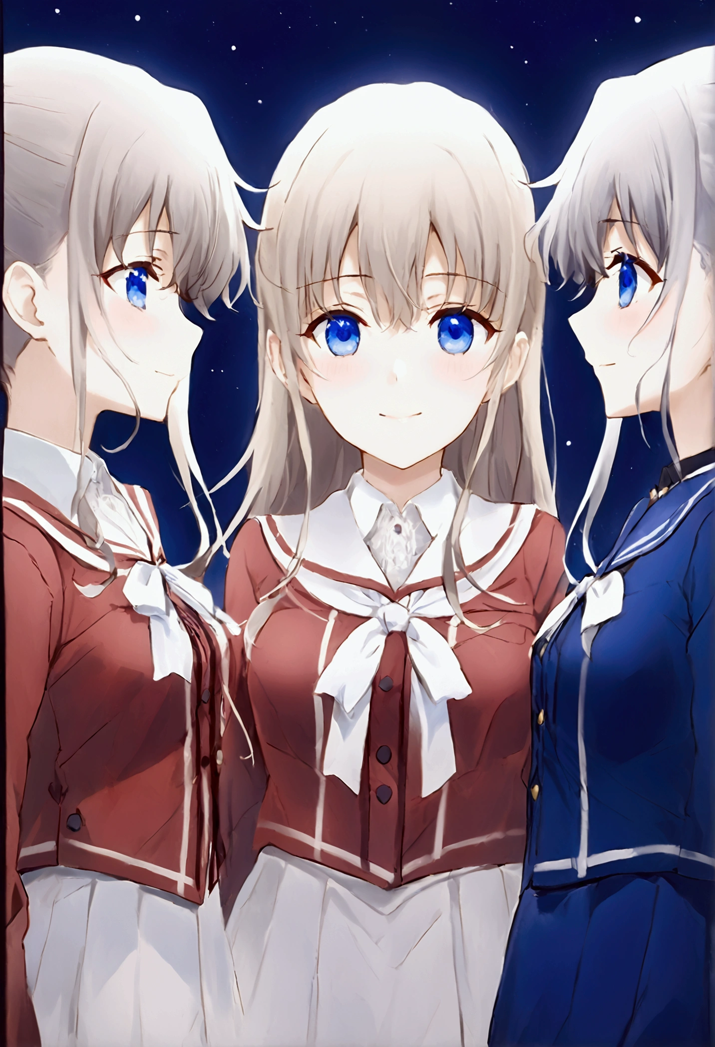 Three of her. Mirroring Clone Tomori Nao. Three of Tomori Nao. Anime girls Charlotte Tomori Nao. ,long light brown hair,to become uniform unique blue color eyes, I smile, Simple background, Great job, precise, Anatomy is correct, Best quality,   Side view looking at starry night sky (All the girls have the exact same face, The two have the same face and figure, as if they were mirror images.)