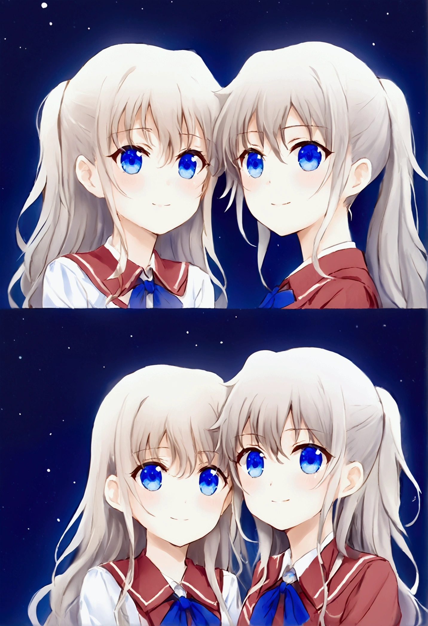 Three of her. Mirroring Clone Tomori Nao. Three of Tomori Nao. Anime girls Charlotte Tomori Nao. ,long light brown hair,to become uniform unique blue color eyes, I smile, Simple background, Great job, precise, Anatomy is correct, Best quality,   Side view looking at starry night sky (All the girls have the exact same face, The two have the same face and figure, as if they were mirror images.)