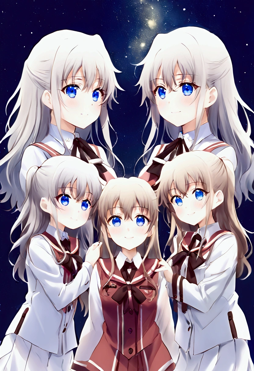 Three of her. Mirroring Clone Tomori Nao. Three of Tomori Nao. Anime girls Charlotte Tomori Nao. ,long light brown hair,to become uniform unique blue color eyes, I smile, Simple background, Great job, precise, Anatomy is correct, Best quality,   Side view looking at starry night sky (All the girls have the exact same face, The two have the same face and figure, as if they were mirror images.)