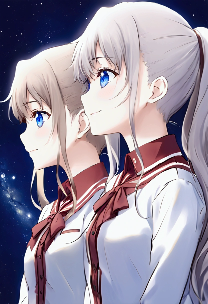 Three of her. Mirroring Clone Tomori Nao. Three of Tomori Nao. Anime girls Charlotte Tomori Nao. ,long light brown hair,to become uniform unique blue color eyes, I smile, Simple background, Great job, precise, Anatomy is correct, Best quality,   Side view looking at starry night sky (All the girls have the exact same face, The two have the same face and figure, as if they were mirror images.)