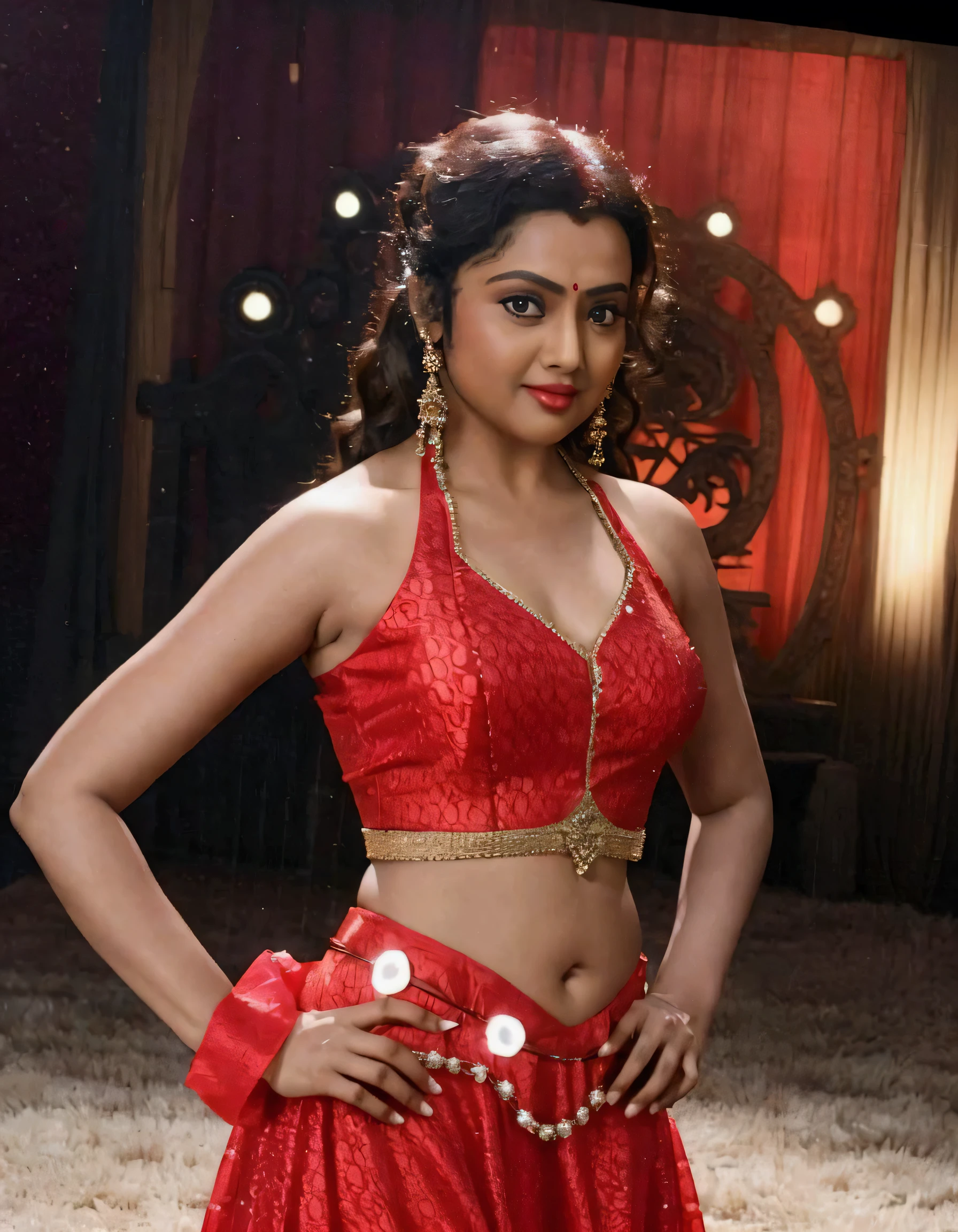 meena in a red dress posing for a picture, movie stills photography, stylish pose, navel, actress, movie stills, 2d, 2 d, movie film still, very seductive pose, waist - up, promotional movie still, tinyest midriff ever, with a thin waist, movie still promotion, her belly button is exposed
