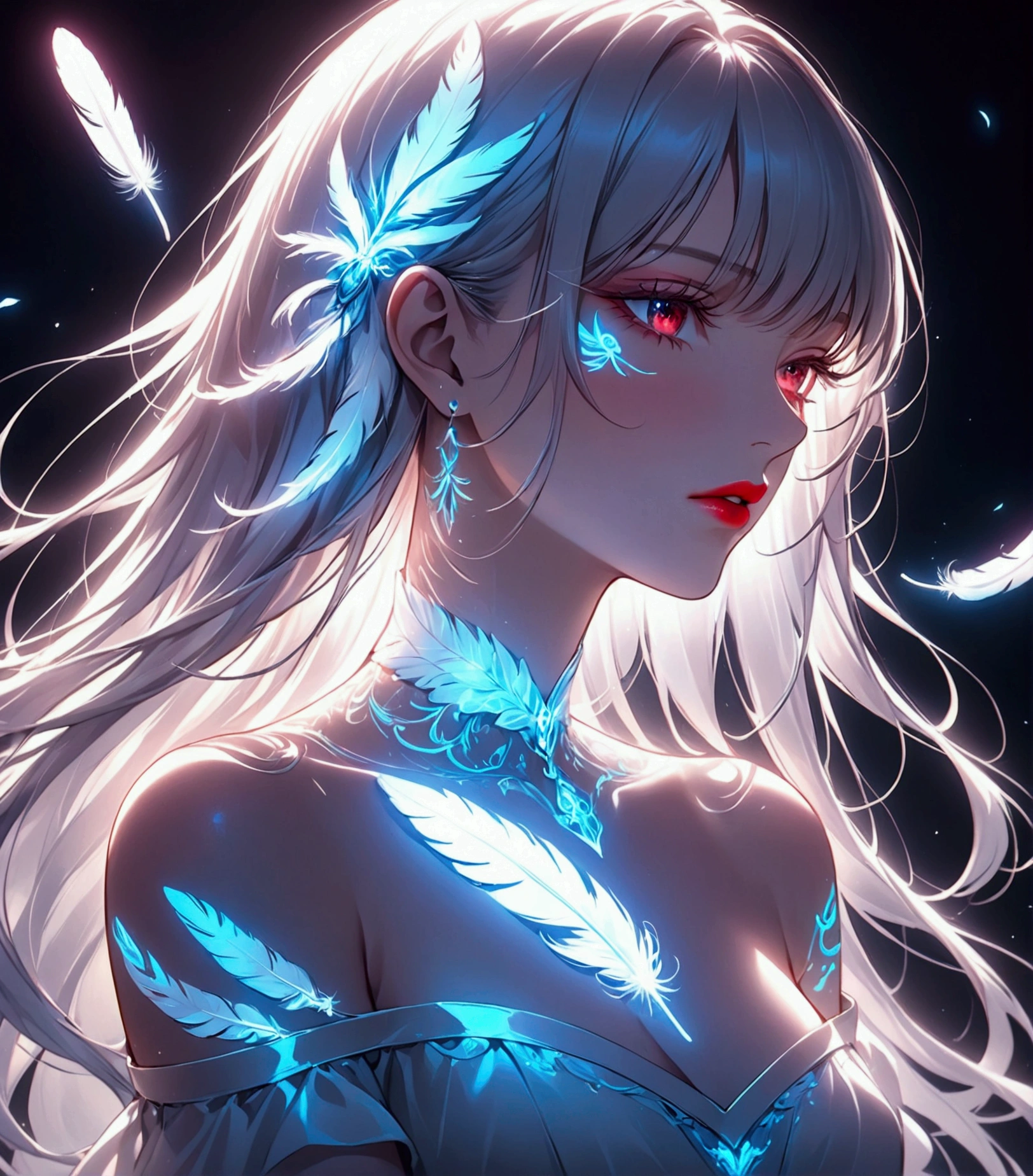 details, Realistic illustration of a young woman with a glowing feather tattoo.. This tattoo features intricate feathers in white tones., The girl&#39;s red lips were seductive and her long hair fluttered gently, and she wore an off-the-shoulder dress., Emphasis on fluorescent tattoos, Feathers scattered in the air