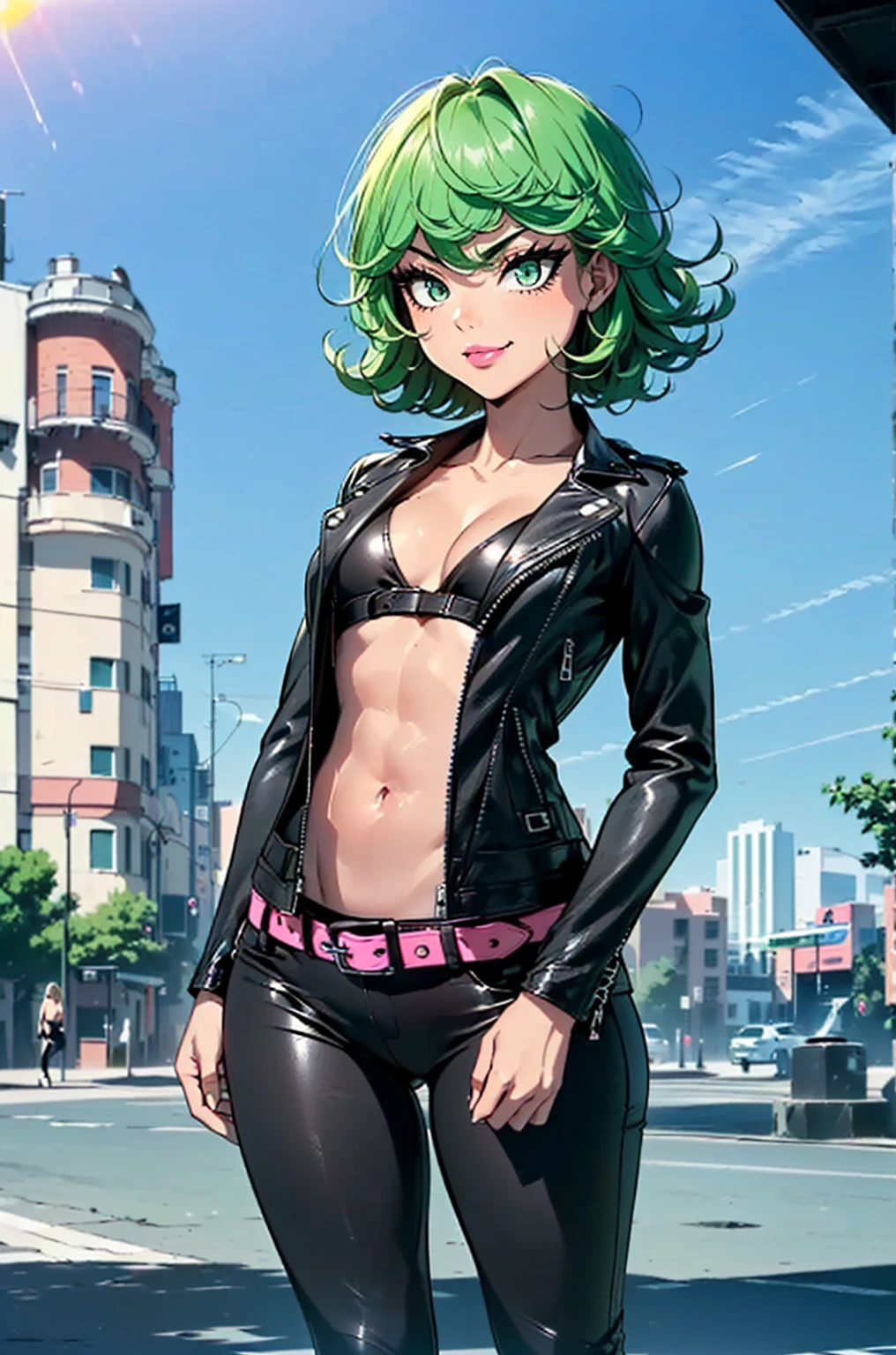 ((1girl, solo ,alone, tatsumaki, green hair, green eyes, small breasts, small bust, short hair, fitness, short stature)), ((solo, 1woman, pink lipstick, Extremely detailed, ambient soft lighting, 4k, perfect eyes, a perfect face, perfect lighting, a 1girl)), austere, ((fitness, , shapely body, athletic body, toned body)) , (( biker woman, rocker woman, punk woman, black jacket, leather jacket, black pants, leather pants, belt, city, park, square, trees, buildings, sunny day, smug, sunset))