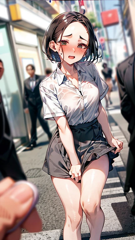 (Very detailed CG Unity 8K wallpaper),(masterpiece), (Highest quality), (Very detailed), (Best illustrations),(Best Shadow)、Large Breasts、crowd、Having her skirt lifted by a bunch of men(See-through white underwear、I can see the streaks)、Embarrassed and blushing。Purple eyes and very short purple hair、White blouse、Blue tie、Checked mini skirt、Beige cardigan、Dynamic Angle