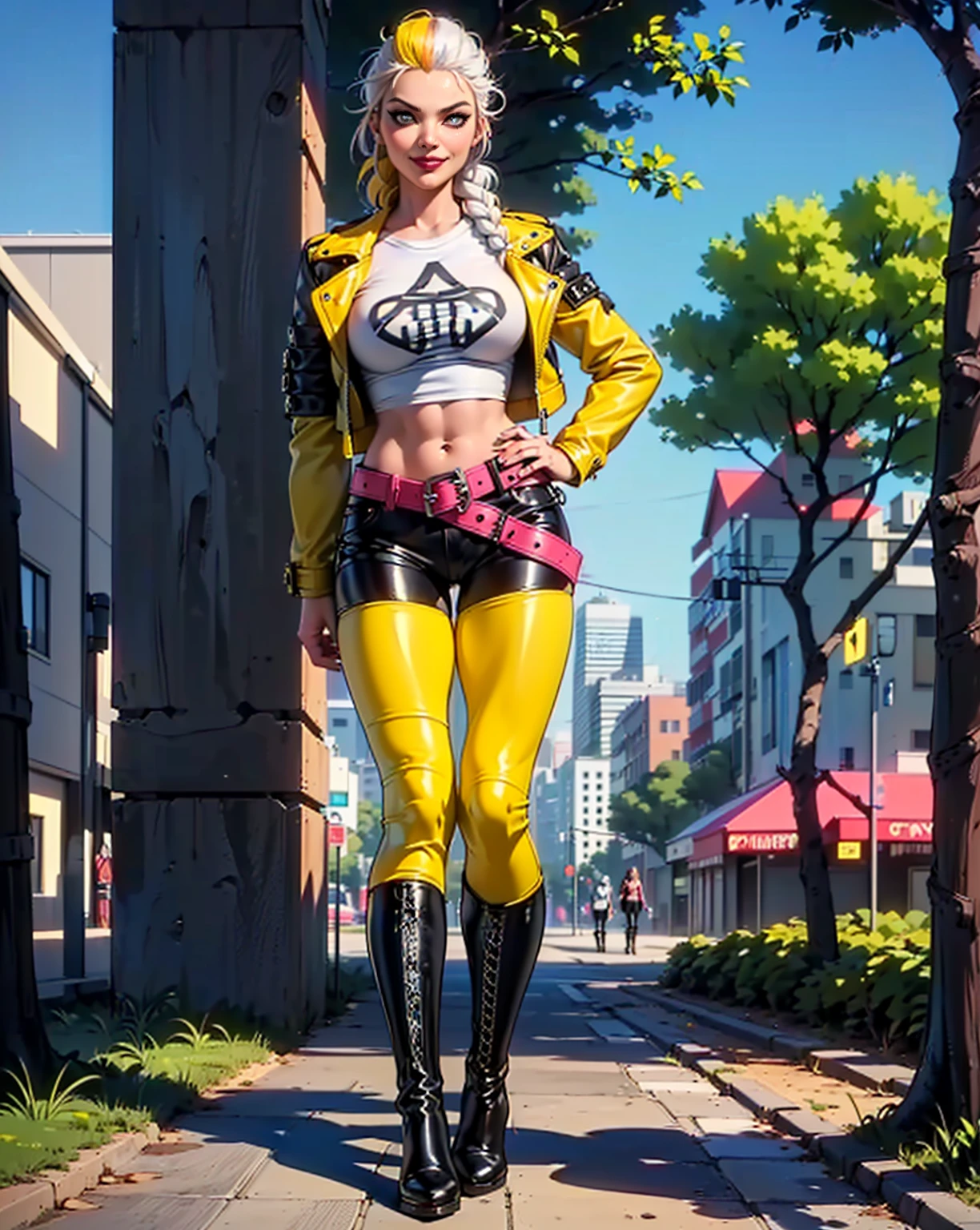 ((Masterpiece, 1girl, alone, solo,Best Quality, (jainapost, multicolored hair, white hair, yellow hair, single braid), shy, Smug)), ((pink lipstick, Extremely detailed, ambient soft lighting, 4k, perfect eyes, a perfect face, perfect lighting, a 1girl)),  , ((fitness,, shapely body, athletic body, toned body)),  (( biker woman, rocker woman, punk woman, black jacket, leather jacket, gray t-shirt, black pants, leather pants, belt, leather boots, knee-high boots, high-heeled boots, stiletto boots, city, park, square, trees, buildings, sunny day, smug smile ))