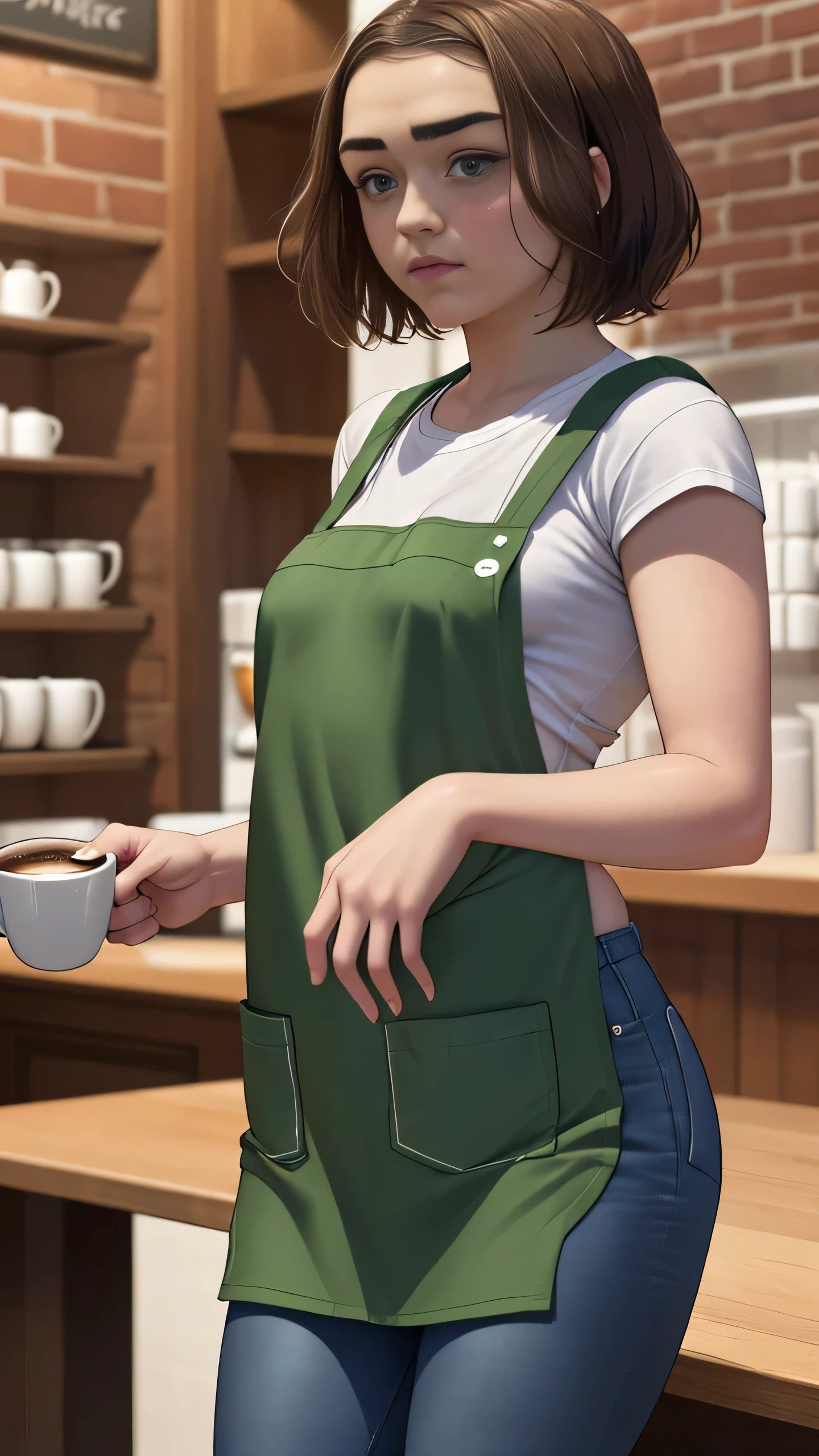 Maisie Williams, (Maisie Williams:1.5), masterpiece quality, (masterpiece quality:1.3), detailed, realistic, (realistic:1.3), 1girl, solo, (solo:1.9), alone, in a Starbucks, in a coffee shop, dressed as a barista, short hair, brown hair, wearing white t-shirt, (white t-shirt:1.5), wearing green apron, (green apron:1.5), wearing blue jeans, (blue jeans:1.5), lots of coffee in background, short hair, small breasts, (small breasts:1.5), thin body, 