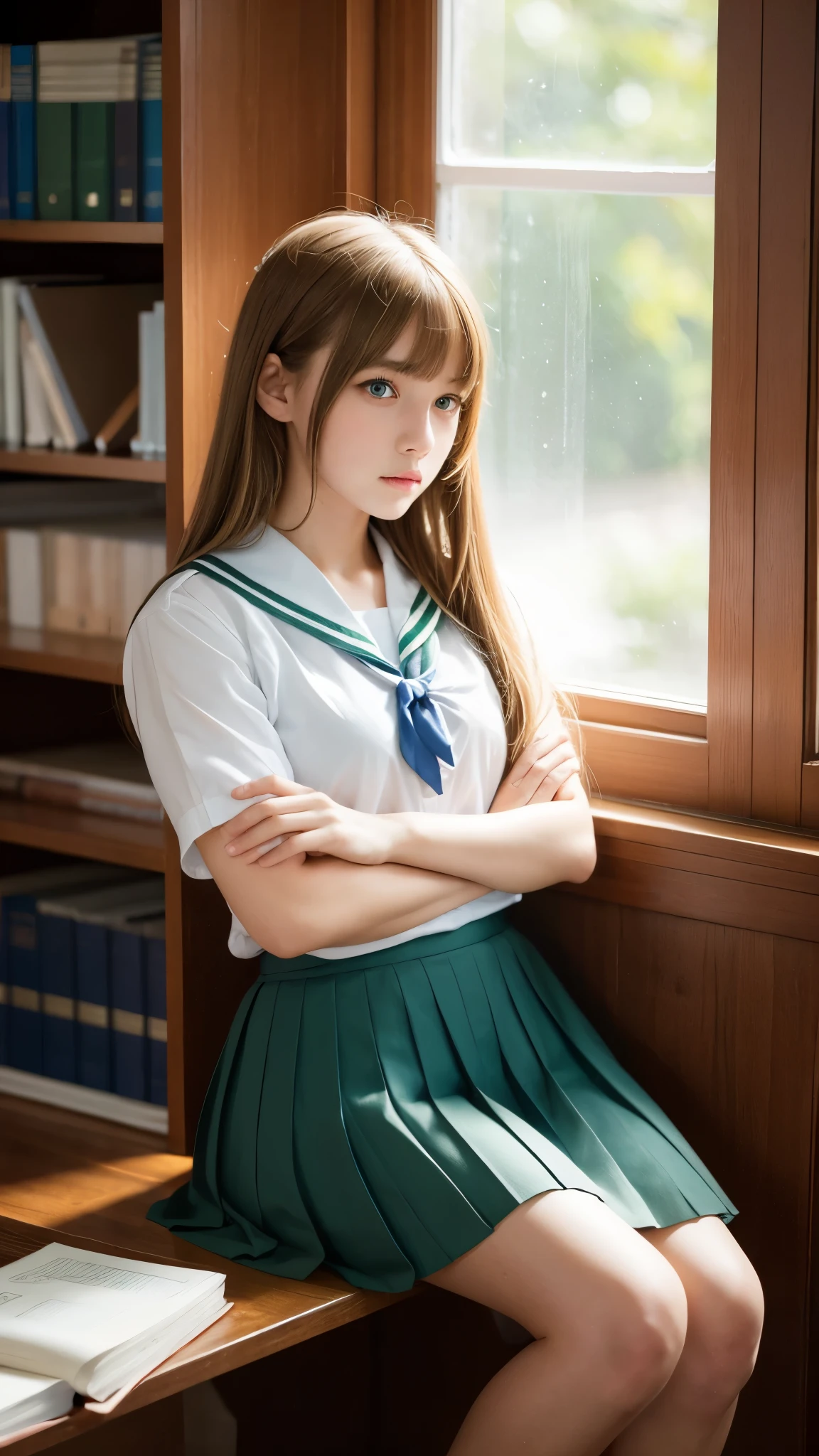 masterpiece, top-quality, ultra-detailliert, illustratio, colourfull, Faltcolor, depth of fields, lensflare, Soio, animesque, sitting on, looking at the viewers, Schools, Classroom, Pleated mini-skirt, 校服, serafuku, Black pantyhose, detailed skin textures, Detailed Cloth Texture, beautiful and detailed face,