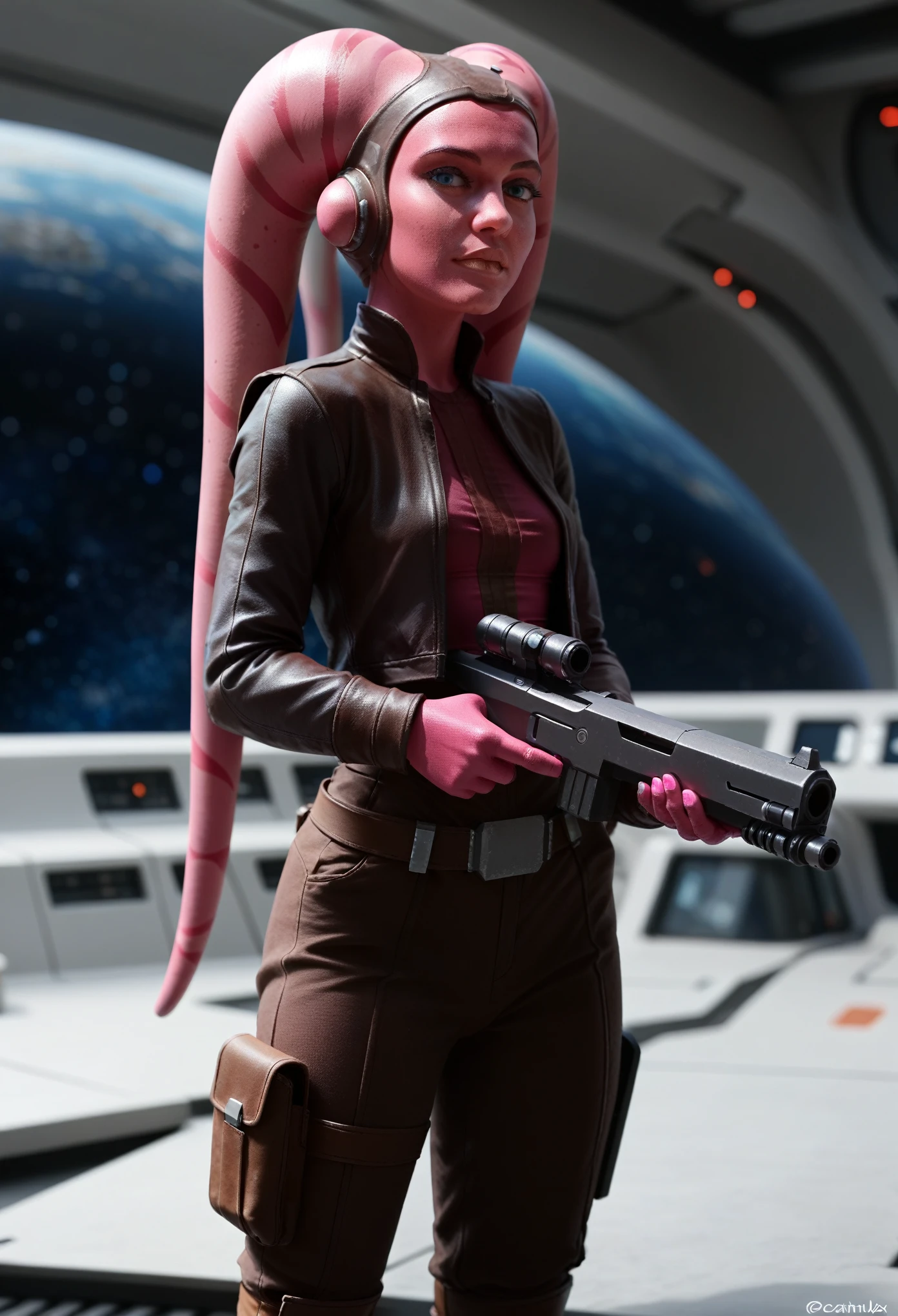 (((magenta skin))) Female Twi'lek (((hera syndulla ))), star wars, space bandit clothes, standing, solo, holding a blaster. front view, cantina, small breasts. science fiction. Hd 4k, 8k, masterpiece