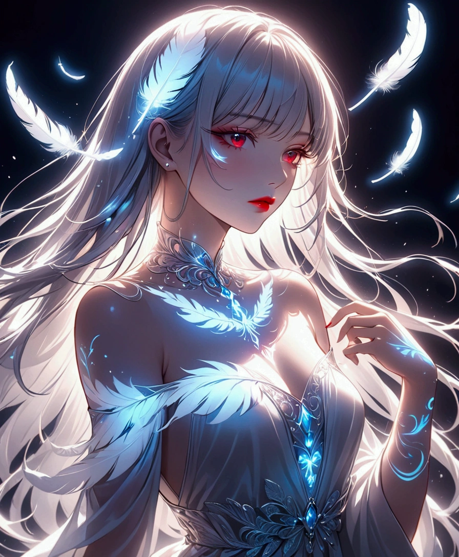 details, Realistic illustration of a young woman with a glowing feather tattoo.. This tattoo features intricate feathers in white tones., The girl&#39;s red lips were seductive and her long hair fluttered gently, and she wore an off-the-shoulder dress., Emphasis on glowing white tattoos, Feathers scattered in the air