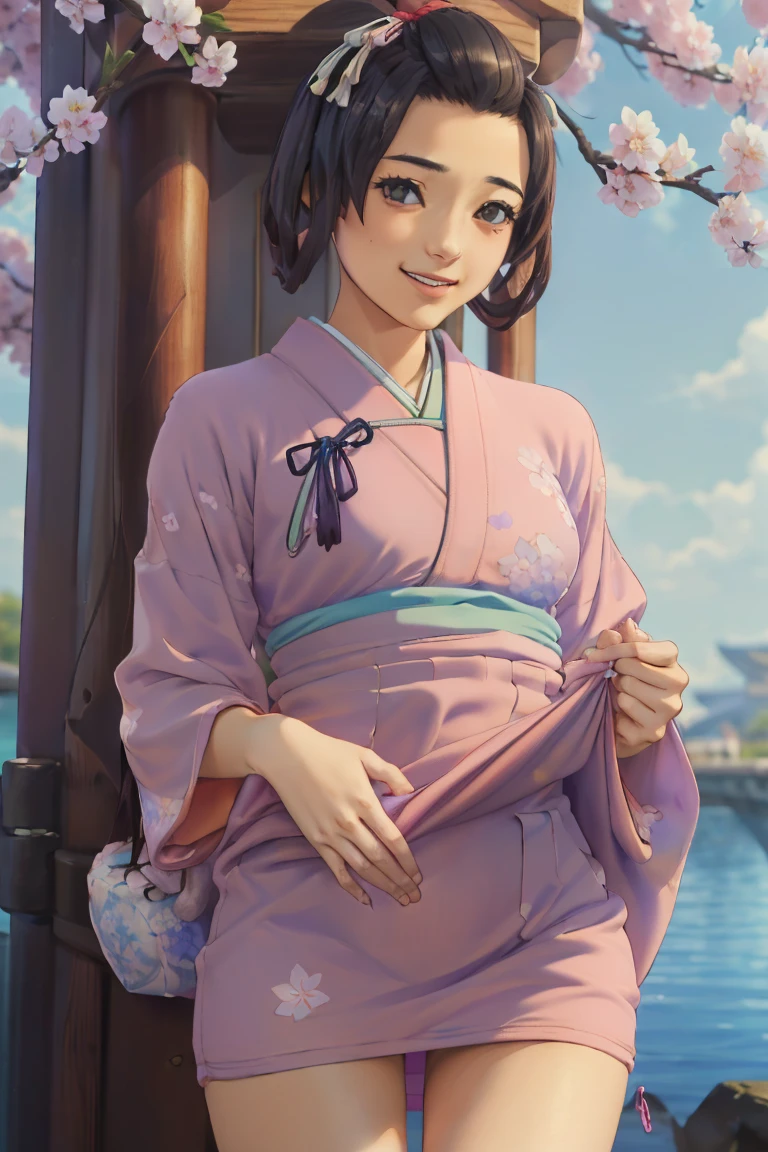 (masterpiece, best quality:1.2), cowboy shot, solo, 1girl, susato mikotoba, (14 years_old:1.5), smile, hand in own hair, floral print, japanese clothes, ((pink kimono)), opening kimono, flashing, flashing viewer, ((clothes pull, handpull, dress lift:1.7)), (undressing, no panties, nsfw), cherry blossom trees