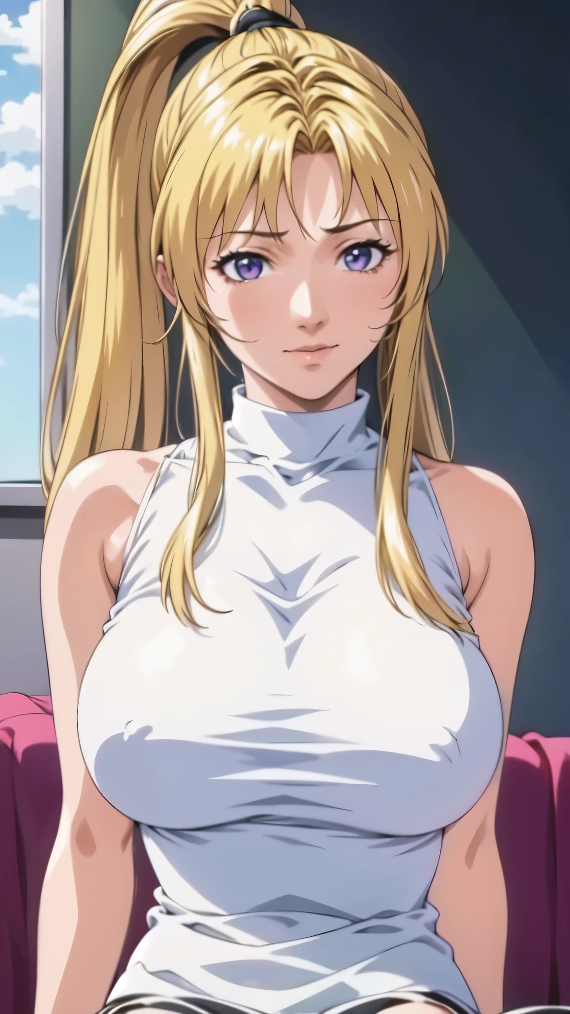 Kaori Saeki, A high ponytail with parted bangs, Blonde, Purple Eye, White sleeveless turtleneck and black pencil skirt,
jewelry,See-through, View your viewers,  Hair accessories, Choker, shy,Aesthetic Anime Eyes,slender,Sitting,Tree Eyes,
(Huge breasts:1.2, From under the upper body)、(bedroom),
(masterpiece:1.4),(Best Quality, Best Quality, Official Art, Beautiful and aesthetic:1.2), (1 girl), Very detailed,  colorful, Most detailed,
city,street, Tilt,  wall, sun, cloud,