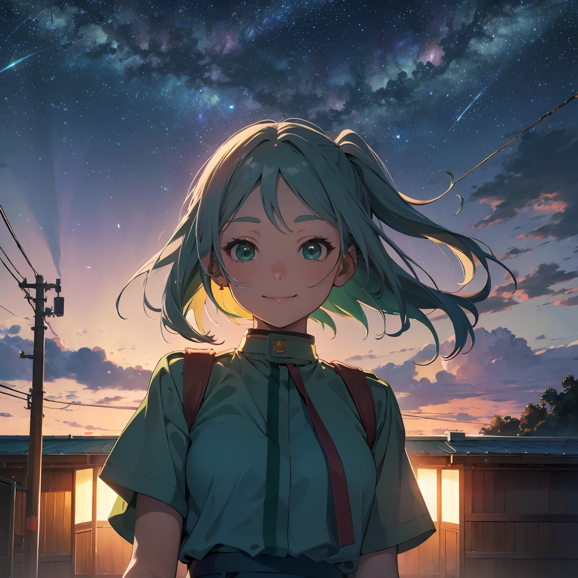 First Job, High resolution, outside, Starry Sky, night, Woody_sakura e daidouji_Tomoyo, Tomoeda_Elementary_School_Uniform, , smile (Perfect green eyes) (Perfect anatomy of the face)