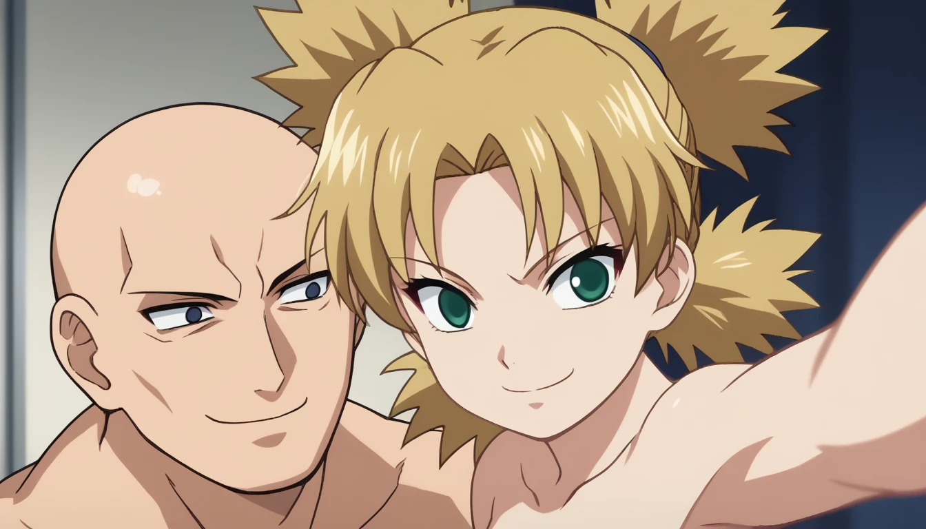 BREAK, source_anime,
****ung girl, smaller_girl, naked, beautiful legs, beautiful body, naked, konohagakure background, smile, temari, blonde hair, quad tails, green eyes, BREAK 1boy, white skin, netorare, taking a selfie, hug, taller male, bigger male, adult male, bald male, bald boy. white background, anime screencap, anime coloring