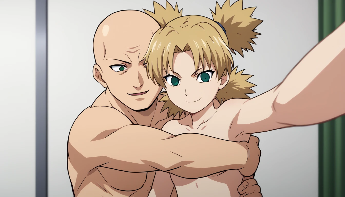 BREAK, source_anime,
ung girl, smaller_girl, naked, beautiful legs, beautiful body, naked, konohagakure background, smile, temari, blonde hair, quad tails, green eyes, BREAK 1boy, white skin, netorare, taking a selfie, hug, taller male, bigger male, adult male, bald male, bald boy. white background, anime screencap, anime coloring