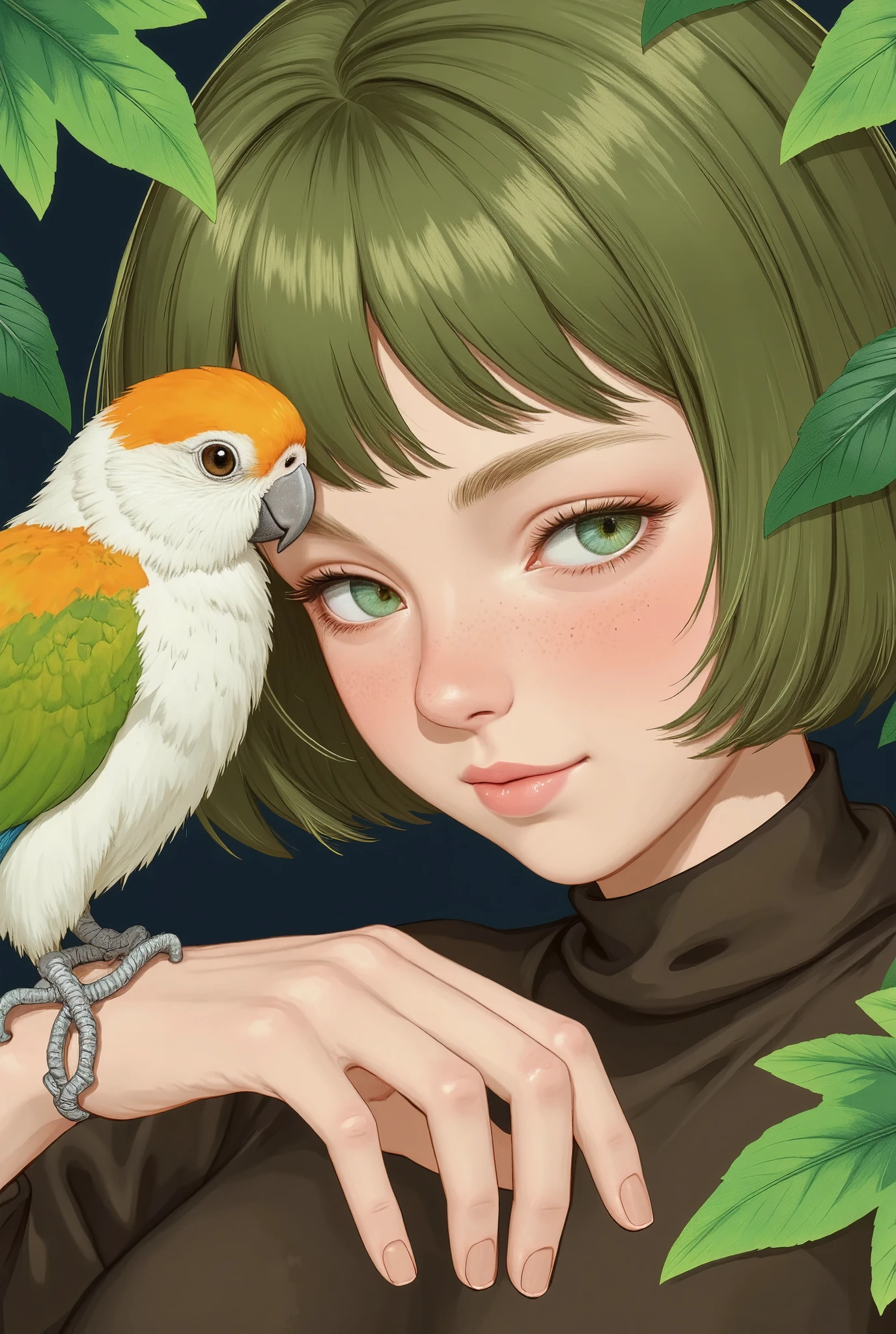 mj_anime_portrait of a woman with short green hair, a tender smile on her face as she holds a parrot on her hand, with tropical plants framing the scene.