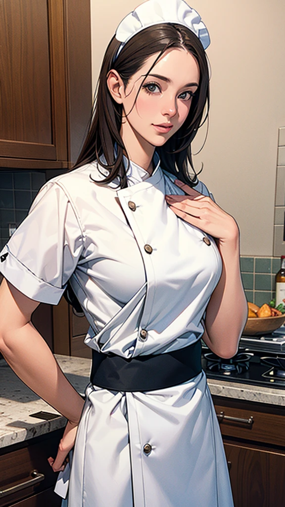 beautiful detailed girl, clear and beautiful, Chef in classic attire, short hair, chef hat