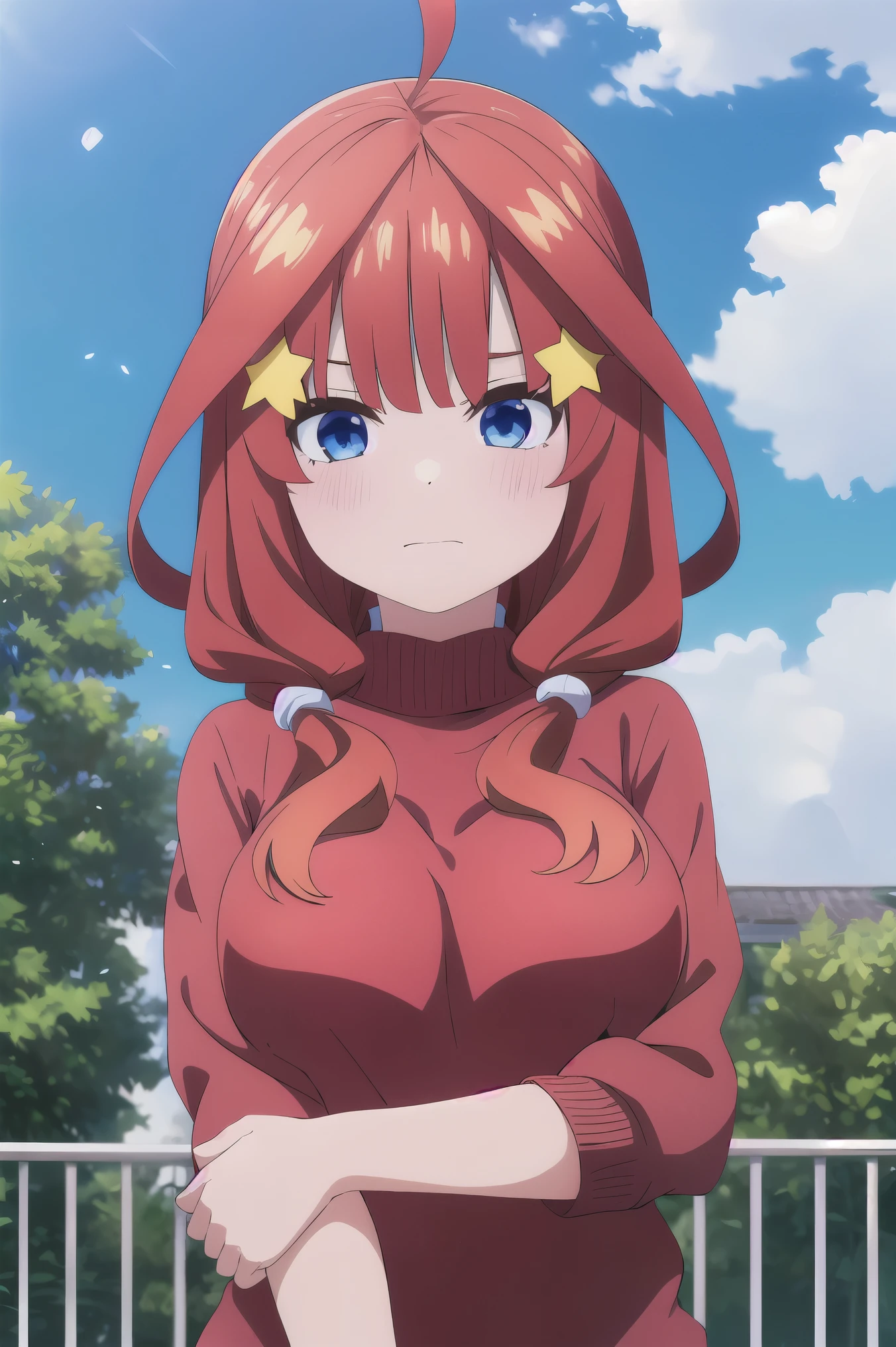 Beautiful girl is happy and looking at the viewer, nakano itsuki, red hair, long hair, star hair ornament, ahoge, red sweater, sad expression, medium breasts, uniforme escolar, pose fofa,anime, (itsuk Nakano), (Gotoubun no Hanayome),master part,8k,Ultra-high-quality HDR, rua, particles in the air.