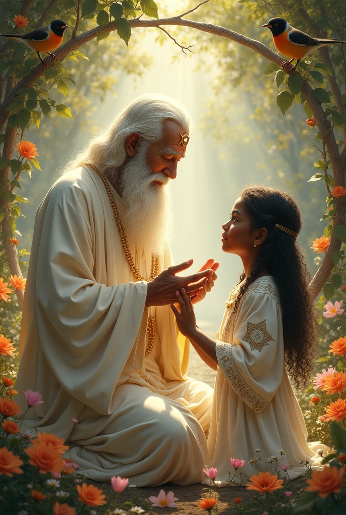 An old man with a white beard and half-closed eyes denoting spiritual ecstasy; He lays hands on the head of a dark-skinned girl with a beautiful look, He wears a bright star on his forehead; She has a white dress with beautiful embroidery. The old man and the girl are at a natural altar full of flowers and little birds perched in the trees.