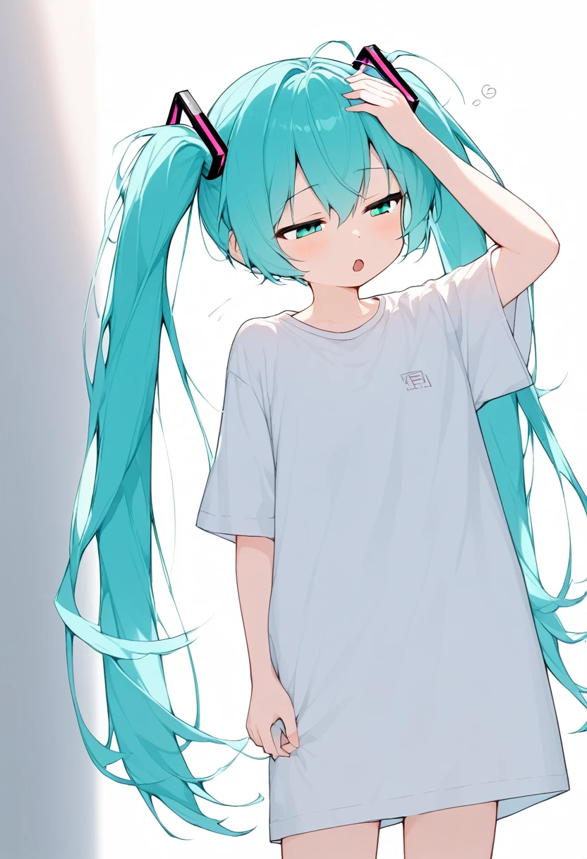 Alone,girl, cute袖, Hatsune Miku、from side、Slim, tall adult woman、猫耳ヘッドホン cute, aqua hair、long　white　T-Shirts, striped panties、twintails、messy hair、sleepy、half closed eyes、open mouth、standing、scratching own head,(Perfect hands, perfect anatomy) 、Leather Fang, Data Fashion v1,Hatsune Miku スターエフェクト, cute,simple white　background