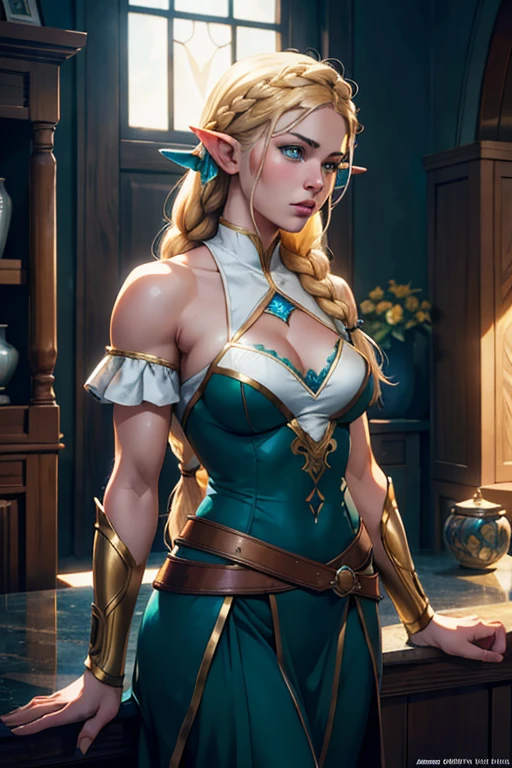 (Sexy) 1 adult horny woman elf archer, with long hair, dressed in medieval clothing, excited state, slightly open mouth, slight smile, fighting erotic pose in the middle of a room with medieval interiors and decor, looking at the viewer. photorealistic, soft light, Overall detail: 1.5