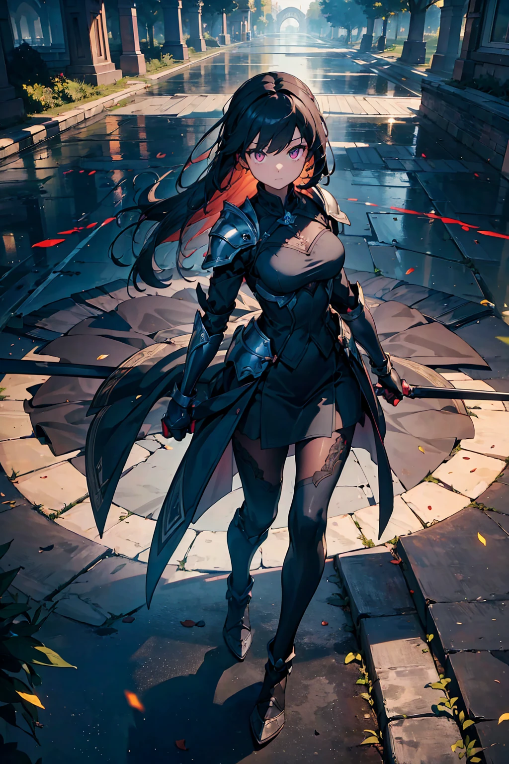 ((full body)),Teenage Girls in Anime, Blue and grey metal armor, Blue hand and thigh accessories, Short dark blue-gray hair, hair accessory, Grey Eyes, Silver earrings, nose, Curious, Healthy Skin, Very dirty, head, shoulder, Small box, arms, Have a map, Narrow waist, feet, Medium thighs, Has black robotic legs, cute, Bright colors on the shirt, Futuristic marble white palace, Shining light in the sky, Stand next to a wall, Cinematic Light, High resolution, Highest quality, Super detailed, Detailed face, (Detailed eyes), Highest quality, Super detailed, masterpiece, (Detailed face), Beautiful face, feetを見せて, short hair