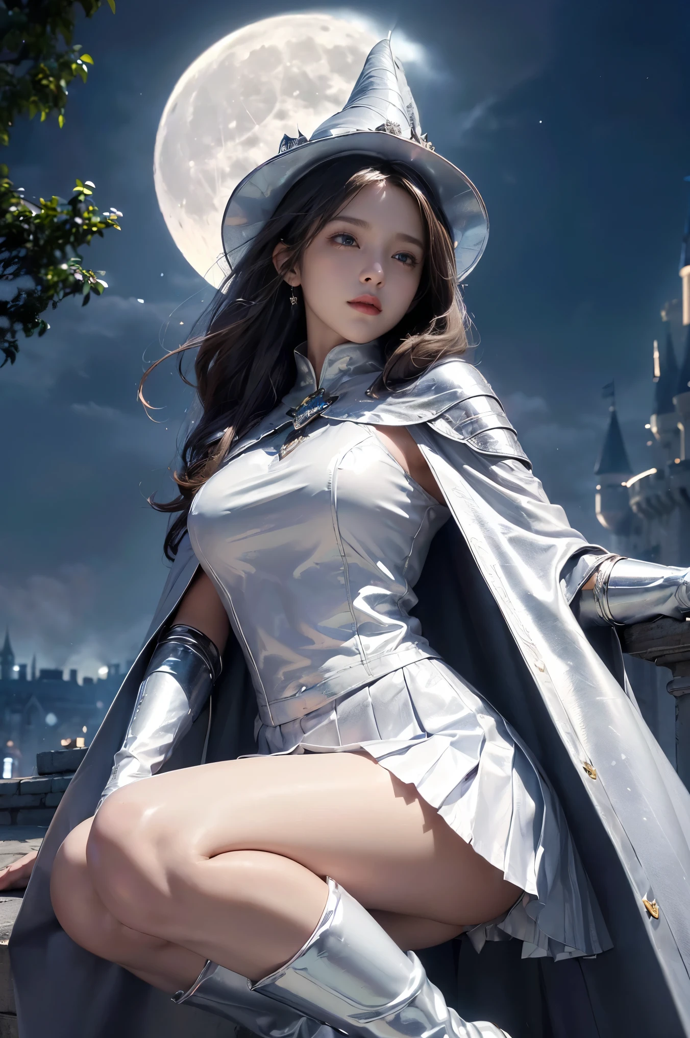 (Absurdly,high quality , Very detailed,32K、High image quality、Ultra HD、One woman)、(((Wizard、Pointed hat、Cape)))、(((White shiny outfit、Mini Pleated Skirt)))、(((Shiny elbow gloves、Shiny knee-high boots)))、(((Perfect limbs)))、(masterpiece, 最high quality, 最high quality, Official Art, Beauty and aesthetics: 1.2)、(((Soft Light、Castle and full moon background)))