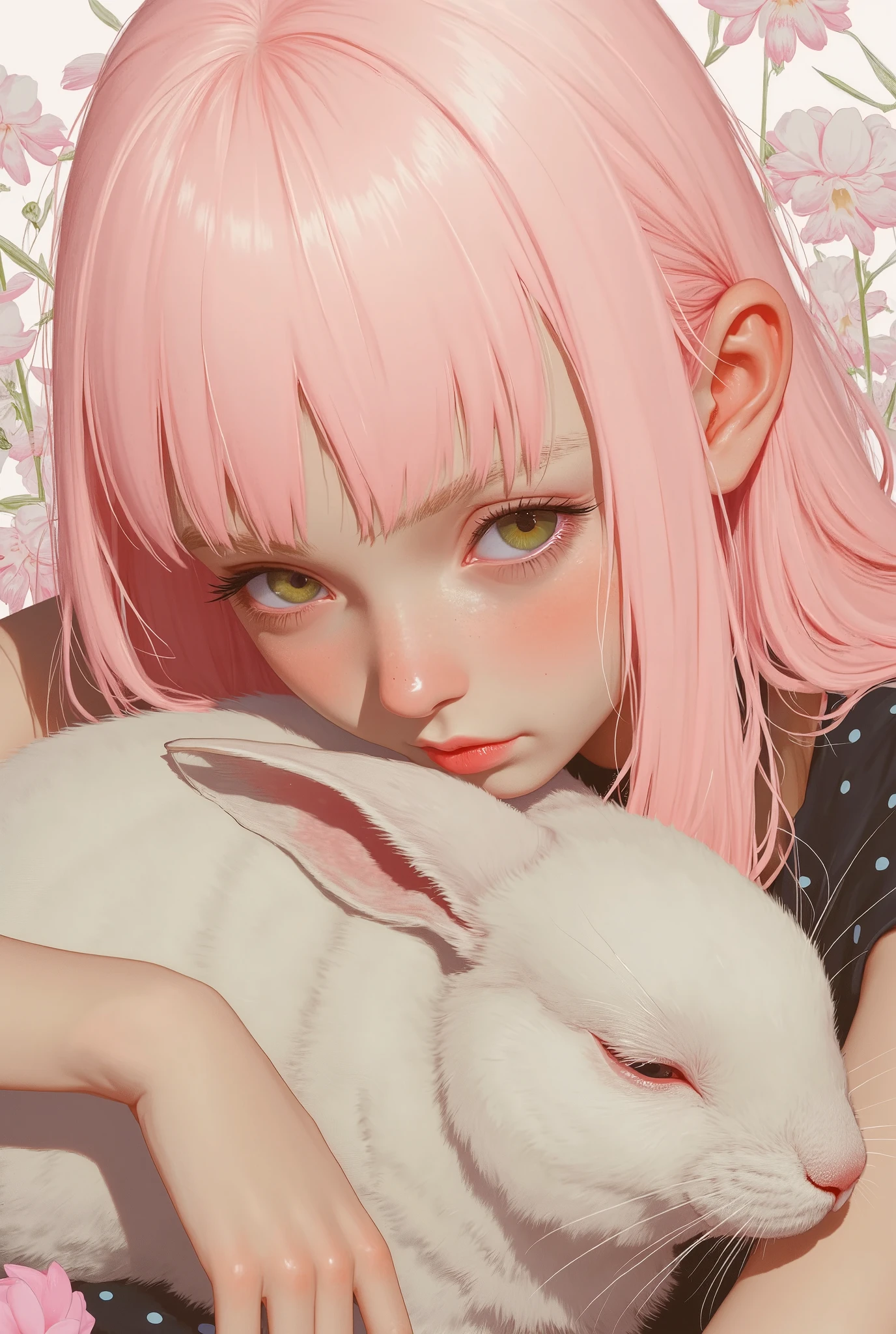 mj_anime_portrait of a woman with pastel pink hair, her expression peaceful and soft as she strokes a sleeping rabbit, the background a gentle field of flowers.