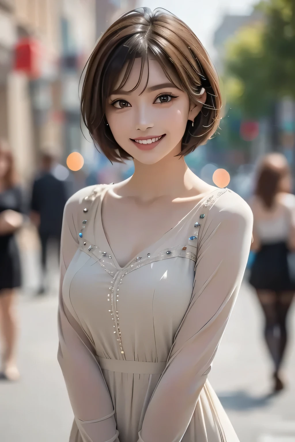 ((1 Ultimate Beauty))、mature、Beautiful Face、(Big eyes:1.3), Brown eyes、Detailed lips, Beautiful eyes in every detail, double eyelid, Long eyelashes、(Huge breasts), (curve), Lips parted, Beautiful teeth alignment, blush, Captivating Gaze、Captivating smile, (Brunette Bob), (Perfect fit colorful short silk dress), futomomo, Sexy pose, Detailed background, background: (Celebrity Mansions)、Realistic background and accessories、((Cowboy Shot))、(Advanced Depth of Field)、((masterpiece))、((Highest quality))、reality、reality、High resolution、Very detailed、reality lighting, reality