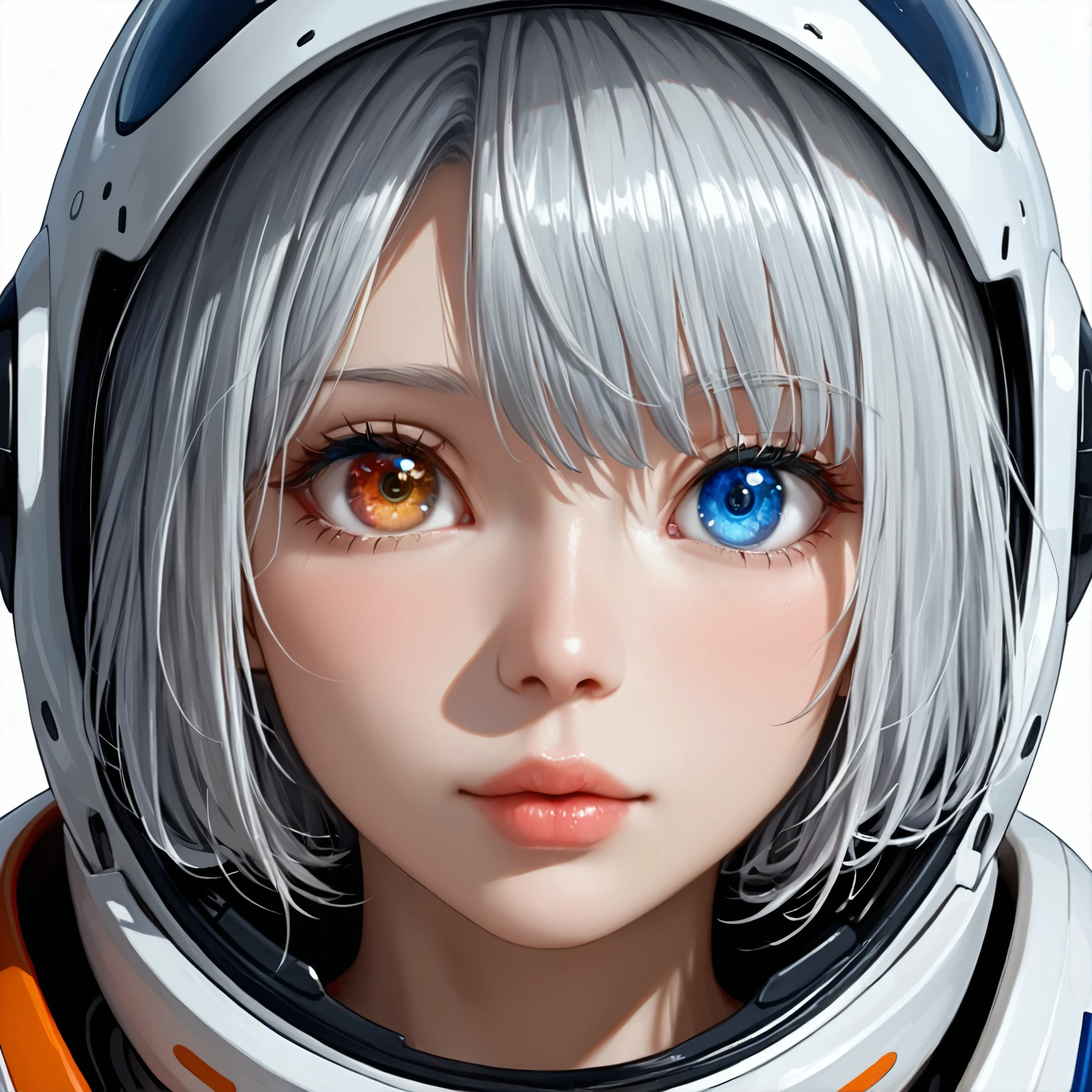 Close-up of the best masterpiece:1.5)0.9], (Space and astronauts:1.2) (Loose silver hair:1.1) (Heterochromia: xanthochromia and blue eyes:1.2) (Space helmet:1.0) (Colored stars in the eyes:1.0) (Shining light:1.1) (full lips:0.9)