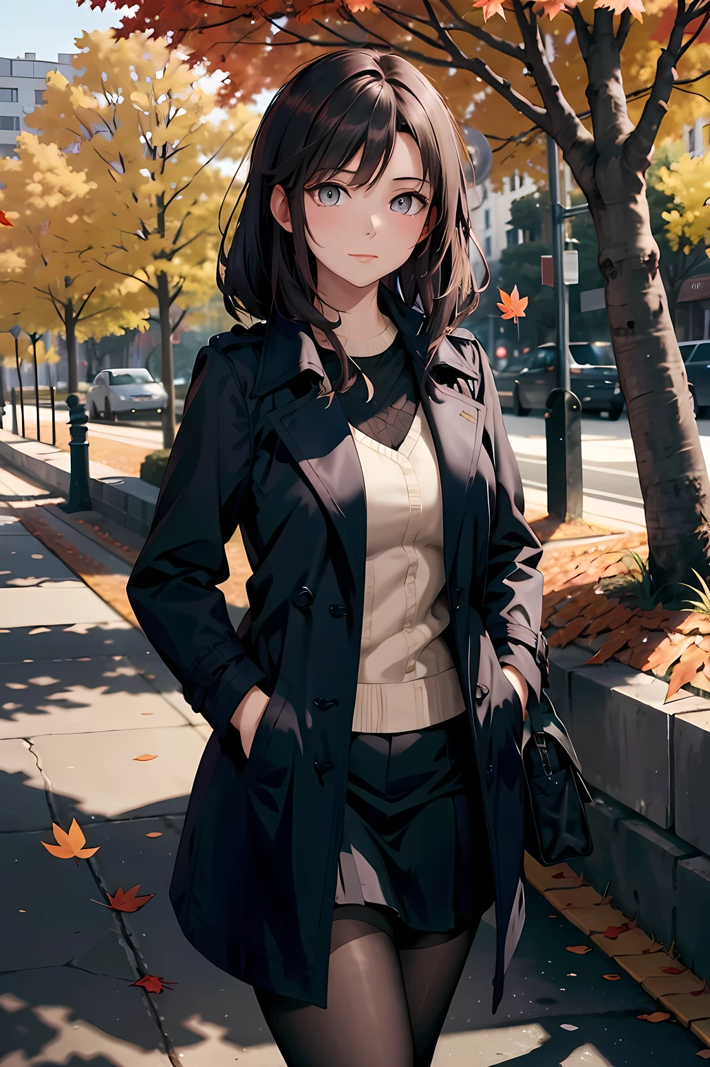 masterpiece, Best Quality ,Beautiful woman ,Outdoor((best quality)), ((masterpiece)), (detailed), perfect face, high detailed eyes, A woman walking down a tree-lined street wearing a stylish trench coat. She has her hands in the coat's pockets and is strolling leisurely, gazing at the surroundings. The trees have colorful autumn leaves, and the ground is covered with a light scattering of fallen leaves. The scene is peaceful with soft natural light filtering through the trees, and the woman appears calm and reflective, enjoying her walk in a serene urban setting