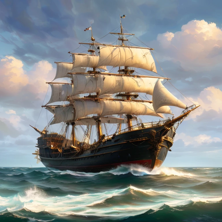 painting of a large sailing ship in rough ocean with clouds, ship at sea, ships with sails, sailing ship, sea of thieves style, galleon, amazing wallpaper, very detailed digital painting, detailed painting 4 k, painted in high resolution, on a pirate ship background, sails, a beautiful artwork illustration, background artwork, a ship lost in a storm