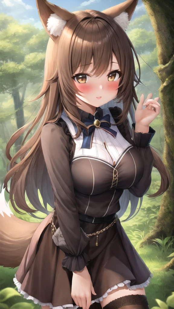 masterpiece, best quality, 1girl, forest, brown hair, long hair, fox ears, brown eyes, cute, blushing, (fully dressed, medieval villager clothes, buttoned dress shirt, frilled skirt, thigh highs:1.4), (slim waist, curvy, big breasts, bursting breasts, button gap, wide hips, huge thighs:1.1)