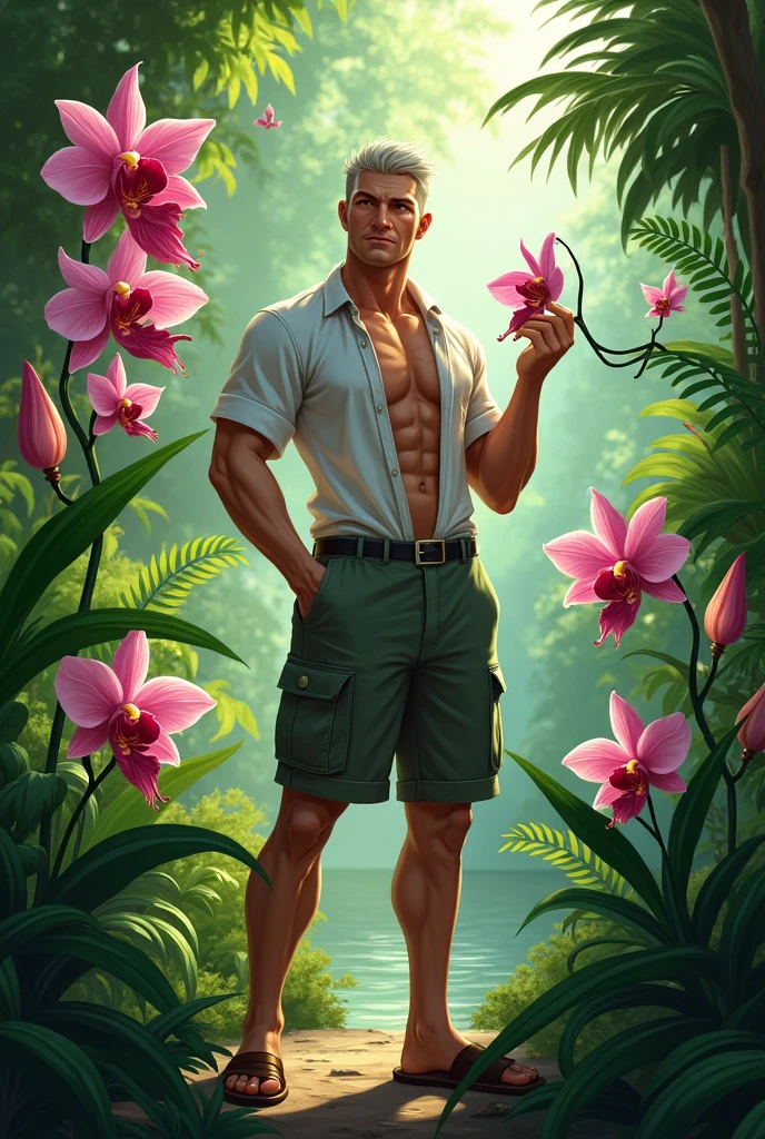 Kevin Sloan style..., Bright color palette. Beautiful horse, 8k resolution, full body, handsome, In the artistic style of norman rockwell, splendid naked, thin and ripped body, detailed realistic muscles, swimming suit, 20 years old. full body, male model. black hair, green eyes, male gaze. handsome. bodybuilder swimsuit pastoral and idyllic landscapes., romanticism, symbols and metaphors. Beautiful details, quirky, distinctive images, stylistically diverse painting, Intricate details