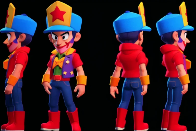 Cartoon aspect ratio, A Joker, character sheet,full body,low poly,The head to body ratio is 1:1