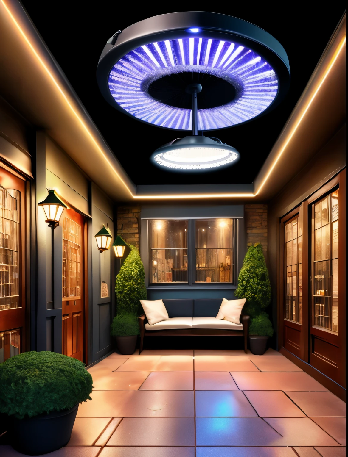 ((Best Quality)), ((masterpiece)), ((Realistic,Digital Art)), (Super detailed), patio, heater,Coffee table,sweeper,Closet Organizer, Gabbro and porcelain tiles, High Intensity Discharge Lamp, Strip Light (LED Strip),  