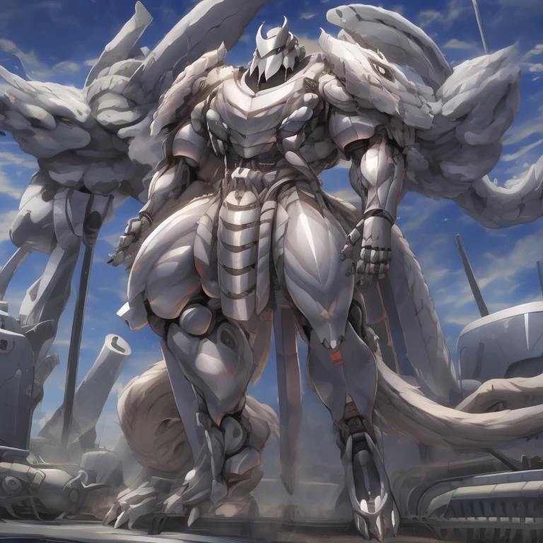 Platinum_Dragon_Lord_Armor, solo, melee weapon, weapon, armor, plate armor, sword, floating weapon, anthro, hi res, knight, clothing, helmet, detailed background, white fur, claws, full body, (masterpiece. official art. 8k. best quality. detailed full body. full body.) (situation 1 : dominating Platinum_Dragon_Lord_Armor. Platinum_Dragon_Lord_Armor is over 1000 meters long. focus GIANT mechanical Muscular Platinum_Dragon_Lord_Armor is trampling the city. Looking down. macro. stomp. Low-angle perspective. emphasizing the immense size.) (situation 2 :smoke and flames rising from the destruction in the city) (Additional details 1: wearing a full-face helmet. high-tech bio-mecha armor. real texture material. whole body shines like metal. Wearing cyberpunk mecha. emphasizes the muscles. suit fully made of metal. intricate armor. Robotic suit. suit fully made of metal. cyborg. Powered exoskeleton with the same design as Platinum_Dragon_Lord_Armor). (Additional details 2: (Detailed head. Detailed Body. Detailed abs. gigantic muscles. HYPER MUSCLES. Gigachad Muscular. big muscle. pecs. triceps. traps. unusually developed muscular body. body full of huge muscles. showing off muscles. pectorales enormes. Exaggeratedly huge muscles. huge muscles. long legs.). (Additional details 3: Spread wings. It has wings. have big wings. The claws are sharp. Sharp teeth. 5 toes.). (Additional details 4: SILVER color hyper penis. hyper SILVER penis. big penis)