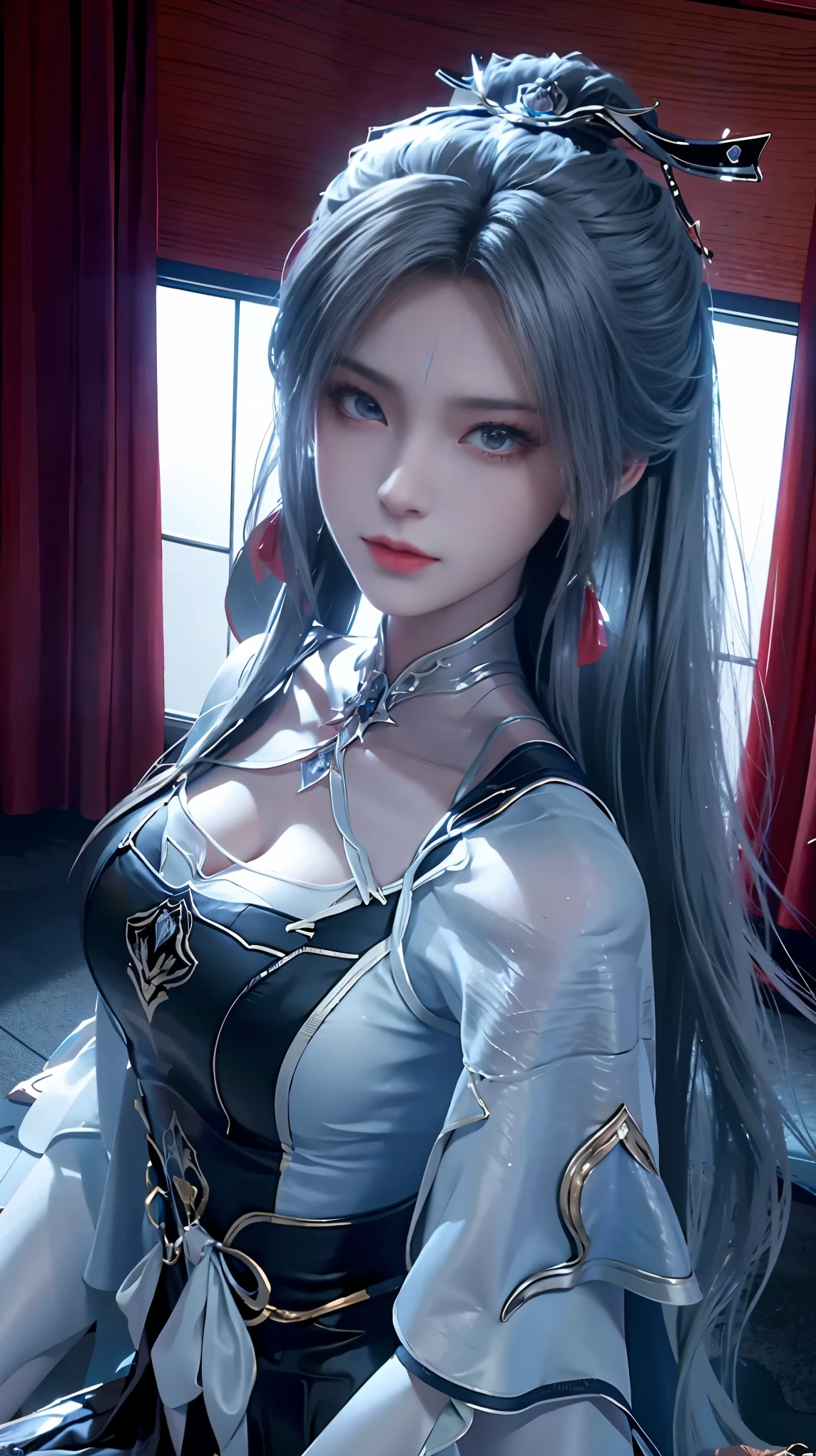 Realistic, High-resolution images，From "The King of Fighters". She is a high, Elegant woman，long, Silver Hair, Sharp blue eyes, and pale skin. She was wearing a stylish black suit，A white shirt underneath, Makes her look strong and professional. Her expression was cool and confident., She has a slightly threatening aura.. The background is dim, Modern office with large windows，Night view can be enjoyed. The lighting is very melancholy, The shadows accentuate her sharp features..