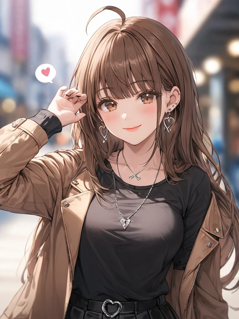 ((masterpiece, best quality)), ultra detailed, very aesthetic, absurdres, One girl, Ahoge, bangs, black skirt, black sweater, Blurred, Blurred background, chest, Brown eyes, Brown Hair, brown Jacket, Mouth closed, Day, Depth of written boundary, Earrings, eyelash, Raise your hand, Tilt your head, Jacket, jewelry, Long Hair, Long sleeve, View Viewer, medium chest, Manicure, Open clothes, open Jacket, Outdoor, Pursed lips, Tucked in shirt, Side Lock, skirt, Sleeves are longer than the wrist, alone, sweater, Upper Body, smile, spoken heart, 