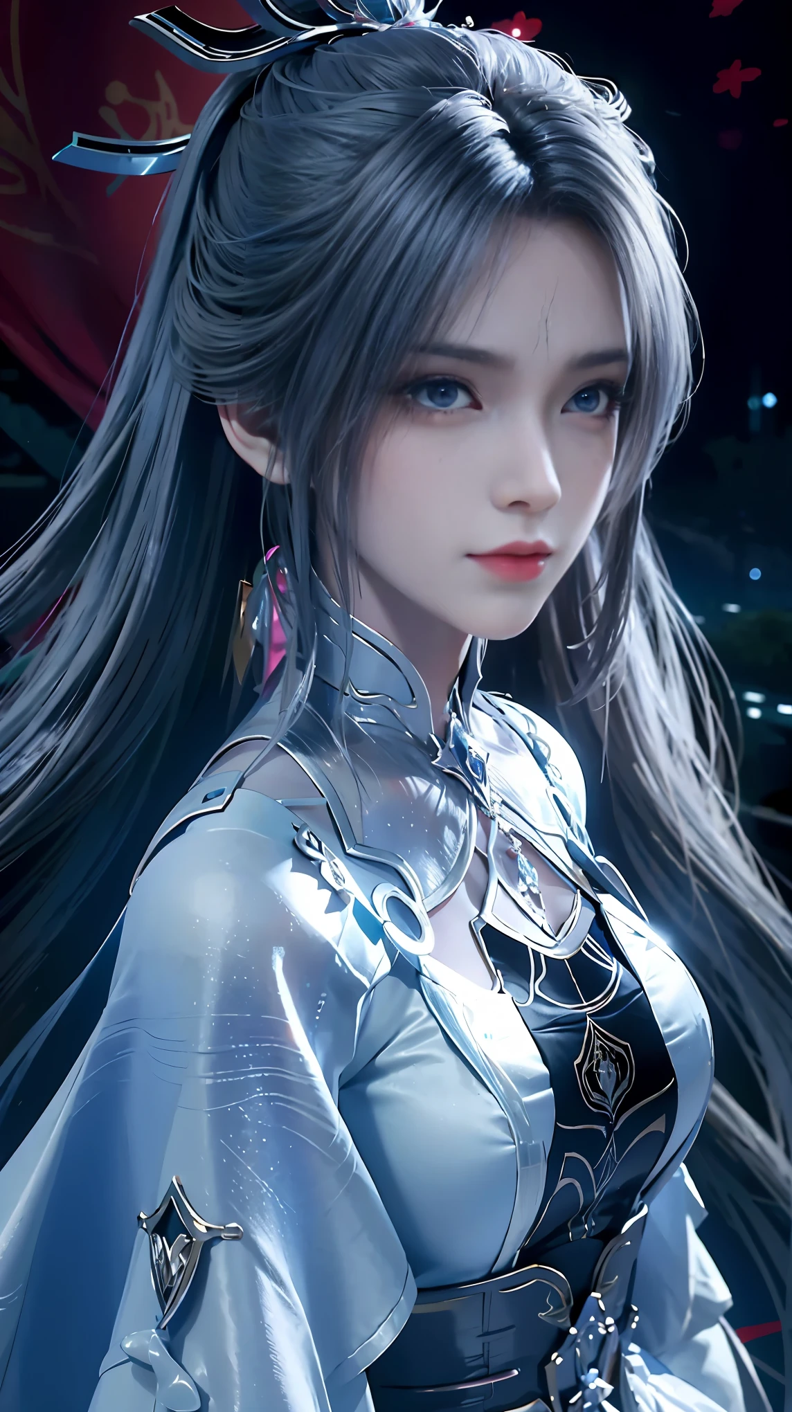 Realistic, High-resolution images,From "The King of Fighters". She is a high, Elegant woman,long, Silver Hair, Sharp blue eyes, and pale skin. She was wearing a stylish black suit,A white shirt underneath, Makes her look strong and professional. Her expression was cool and confident., She has a slightly threatening aura.. The background is dim, Modern office with large windows,Night view can be enjoyed. The lighting is very melancholy, The shadows accentuate her sharp features..