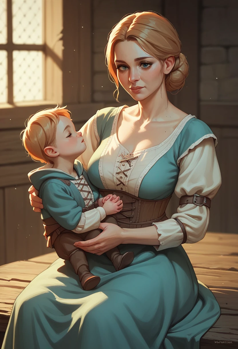 A mother holding her baby, medieval clothes