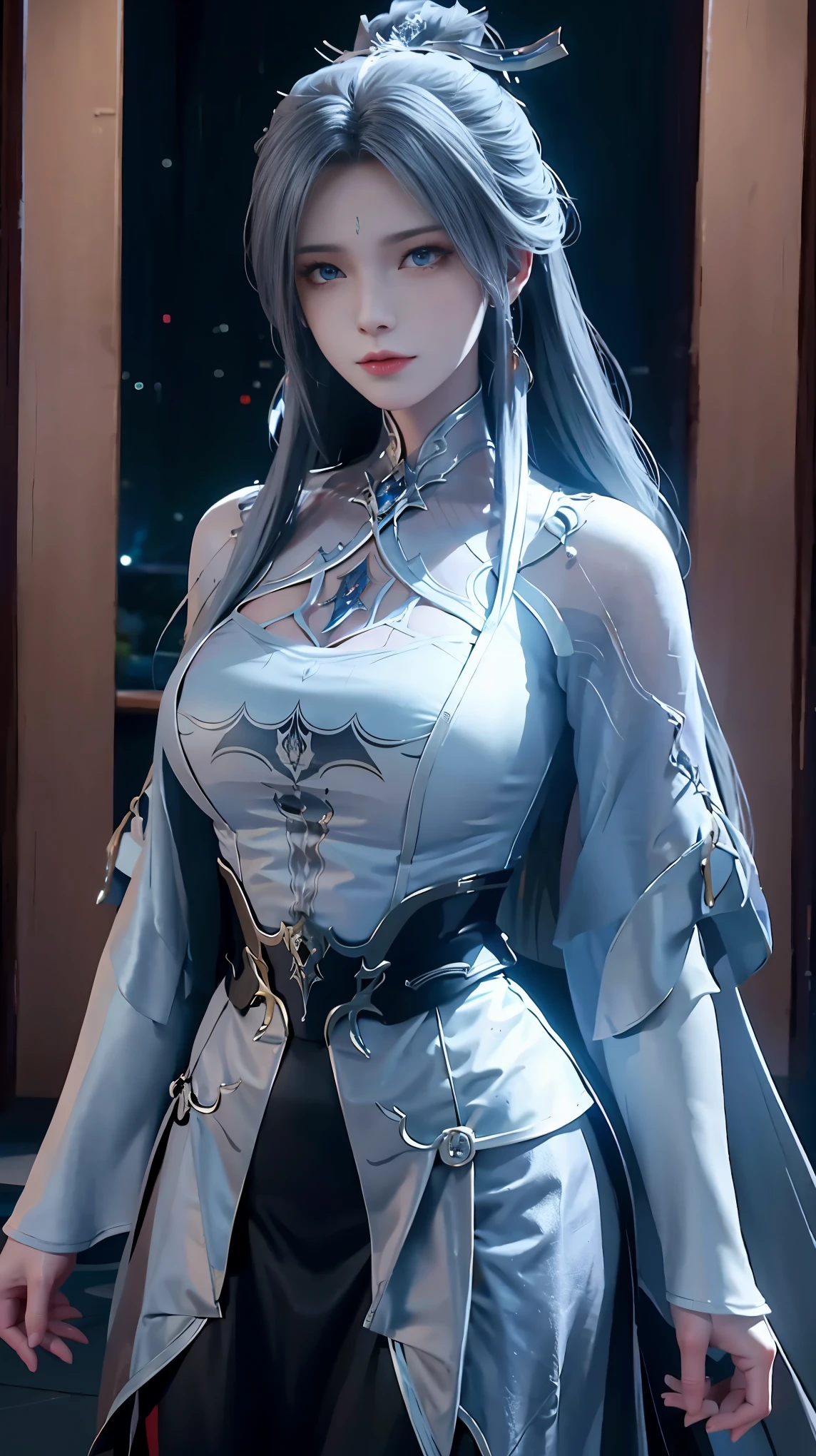 Realistic, High-resolution images,From "The King of Fighters". She is a high, Elegant woman,long, Silver Hair, Sharp blue eyes, and pale skin. She was wearing a stylish black suit,A white shirt underneath, Makes her look strong and professional. Her expression was cool and confident., She has a slightly threatening aura.. The background is dim, Modern office with large windows,Night view can be enjoyed. The lighting is very melancholy, The shadows accentuate her sharp features..