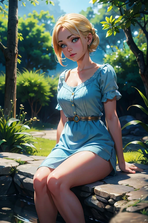 drooping eyes, realistic skin, ((round face, smiling)), various pattern thin casual dress, showing off dark pubic hair in the dark, crouching, spread legs, strong sunlight, sweat, braid, blond