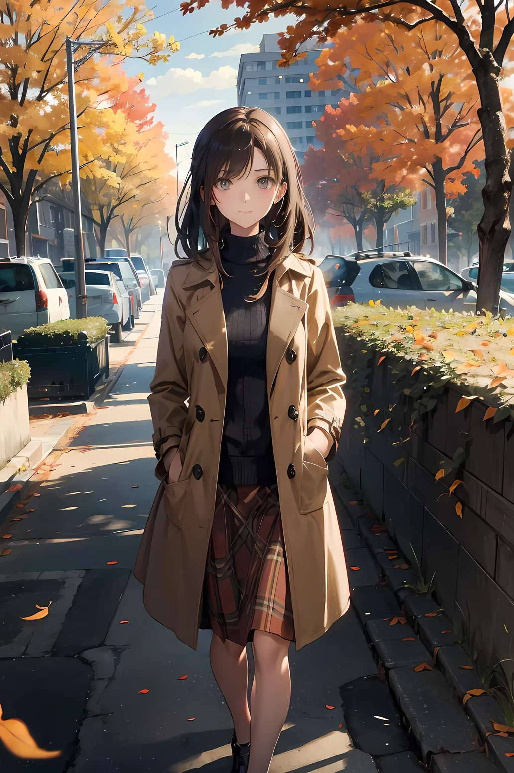 masterpiece, Best Quality ,Beautiful woman ,Outdoor((best quality)), ((masterpiece)), (detailed), perfect face, high detailed eyes, A woman walking down a tree-lined street wearing a beige Burberry trench coat. She has her hands in the coat's pockets and is strolling leisurely, gazing at the surroundings. She is also wearing a long plaid skirt with classic checkered patterns. The trees have colorful autumn leaves, and the ground is covered with a light scattering of fallen leaves. The scene is peaceful with soft natural light filtering through the trees, and the woman appears calm and reflective, enjoying her walk in a serene urban setting