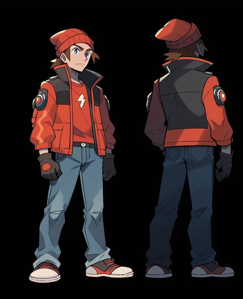 Solo ,human Male 20 Years  , Brown Hair Style , wearing red  beanie , wearing denim fur jacket  , dark blue pupils ,background,character sheet , concept art, Gloves