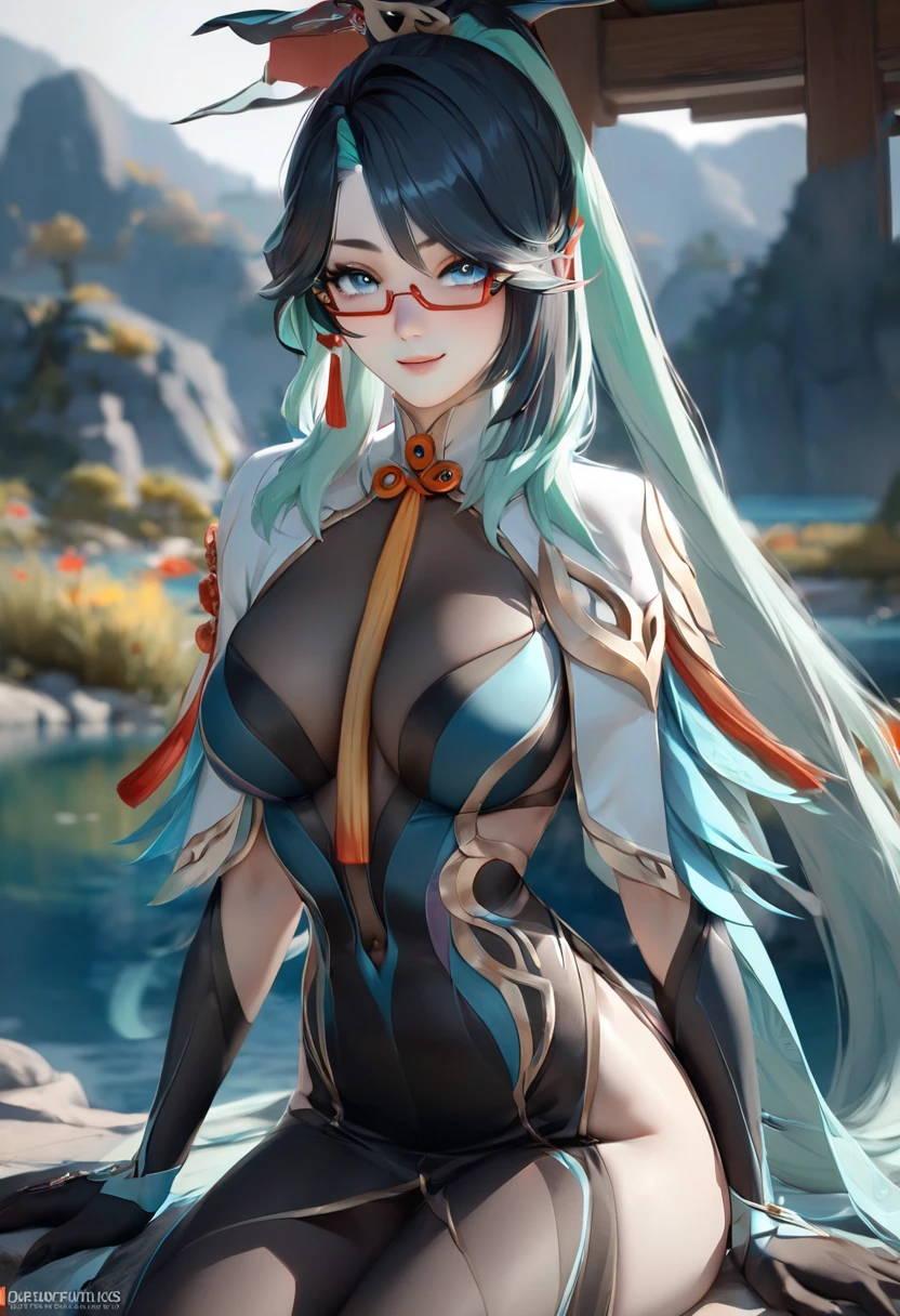 (8K,  masterpiece, Side lighting, shading,  beautiful and well-detailed eyes), 1.4: 1 woman, genshi-xianyun, xianyunexp, Blue eyes,   multicolored hair , collect,  hair ornament , Chinese clothing, mono, jewelry, Borlas,  black gloves, Black cloth, smile, retrato,  realistic , 3d shape 1 .3: posture,  full body,  session,  perfectly crossed legs ,  flirty look at the viewer ,  hands behind the head,  perfect anatomy ,  perfect body , traje de  perfect body , Hiring, 1.2 down: in a lake,  sitting on a stone,  session en flores,  behind mountains ,  perfect bodies,  Perfect legs ,  perfect anatomy ,  light erotic anatomy, shading.